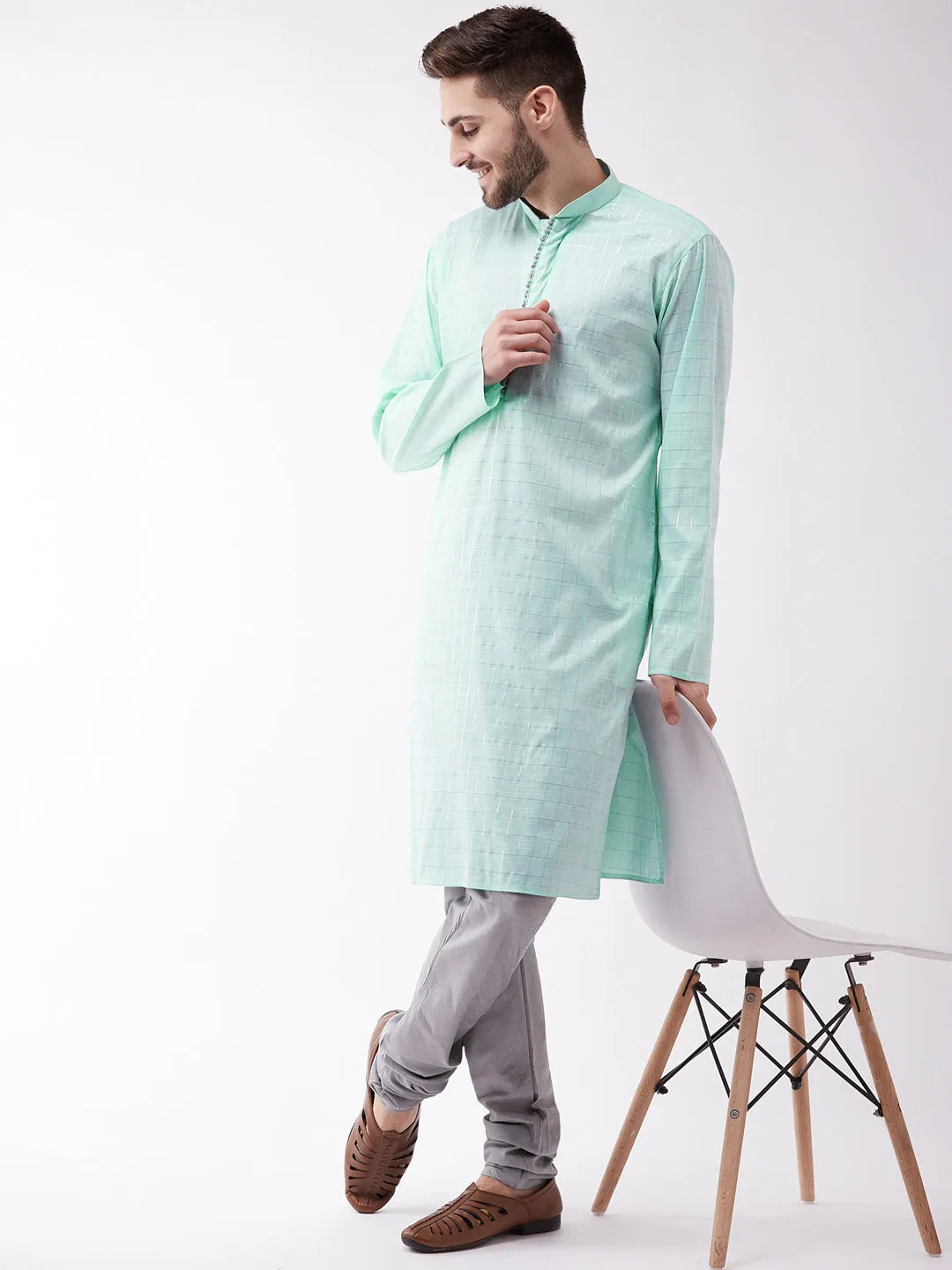 Jashvi Men's Aqua Blue And Grey Cotton Blend Kurta Pyjama Set