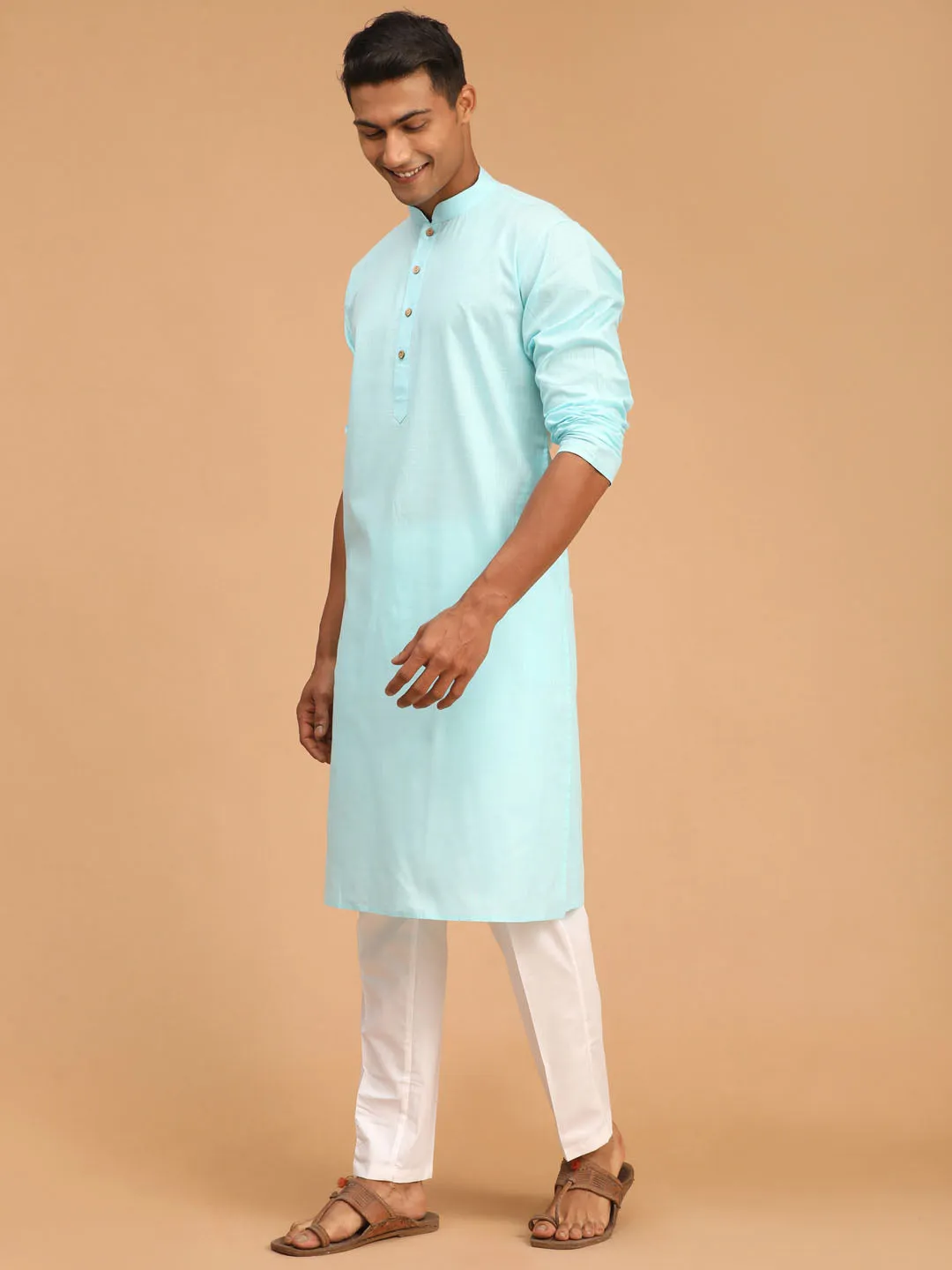 Jashvi Men's Aqua Blue Cotton Kurta and Pyjama Set