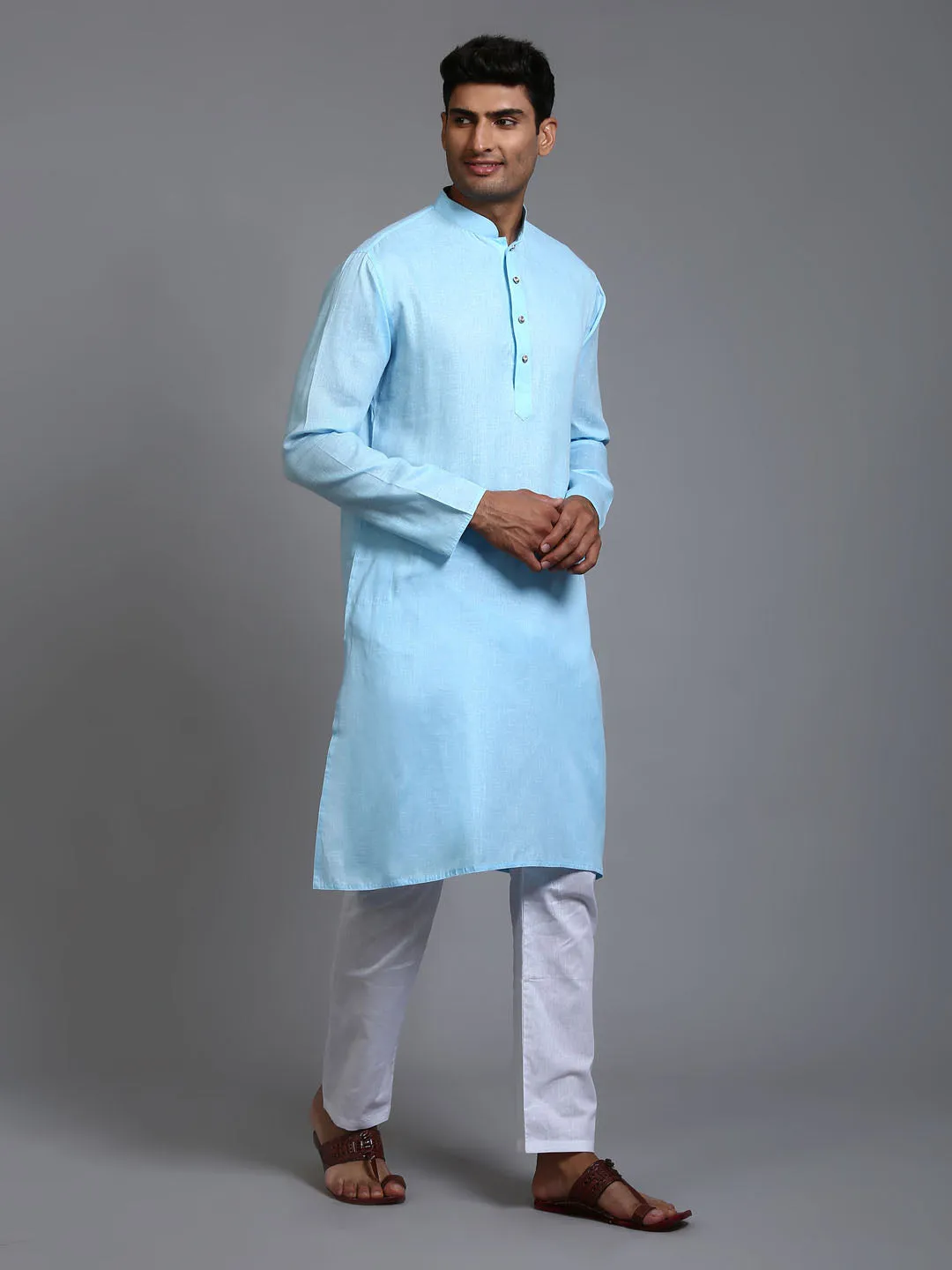 Jashvi Men's Aqua Blue Cotton Kurta Pyjama Set