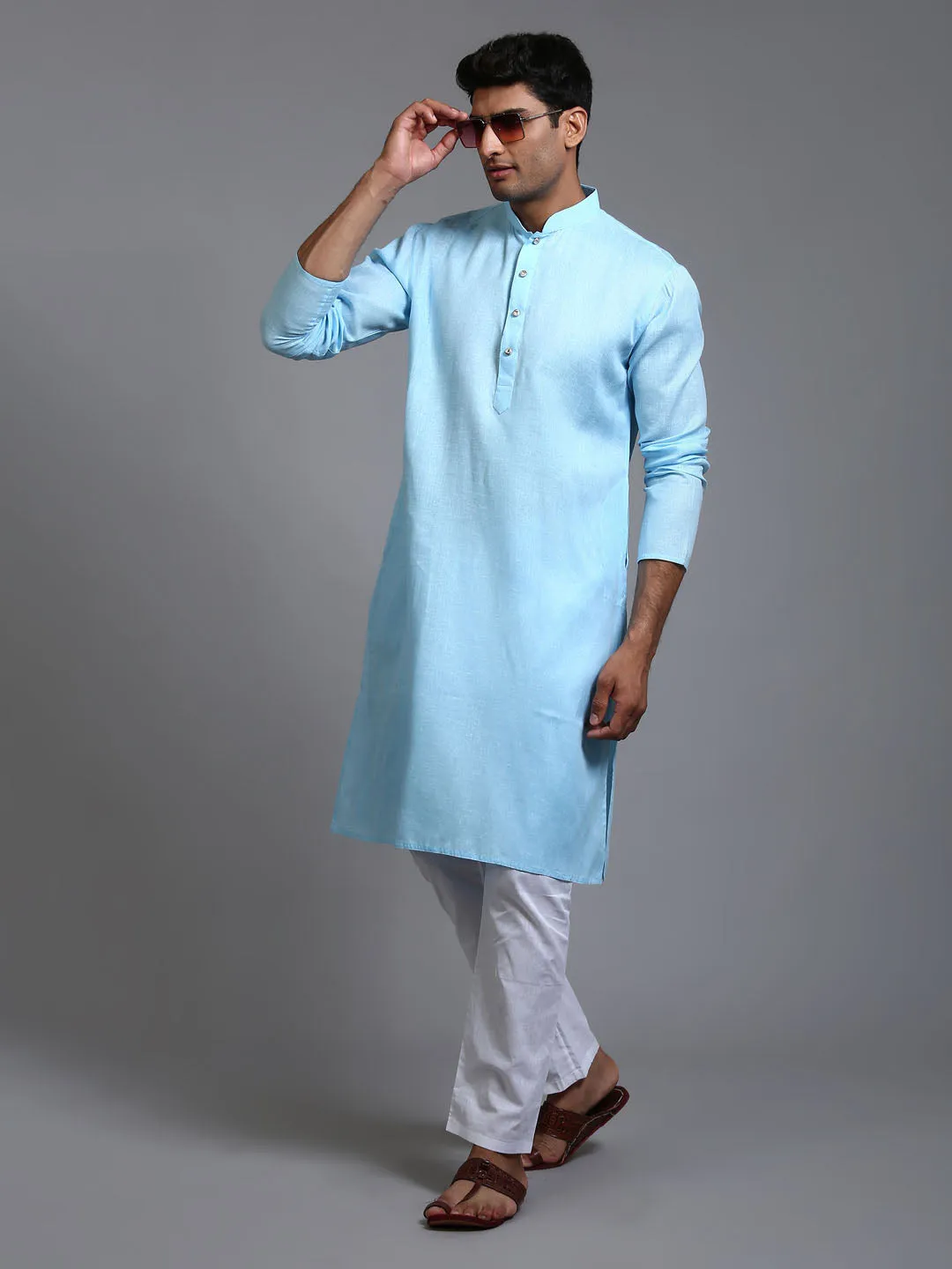 Jashvi Men's Aqua Blue Cotton Kurta Pyjama Set