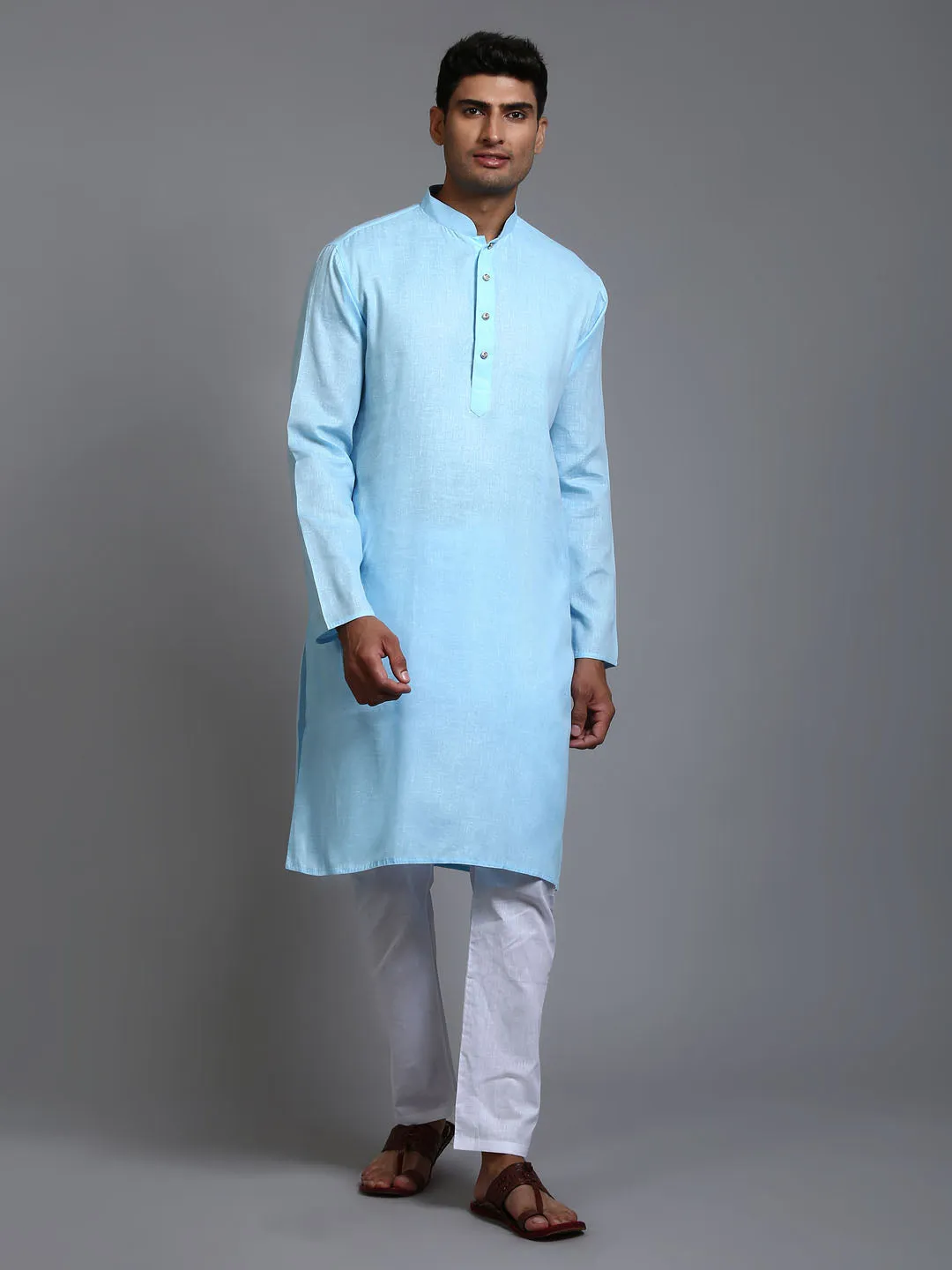 Jashvi Men's Aqua Blue Cotton Kurta Pyjama Set