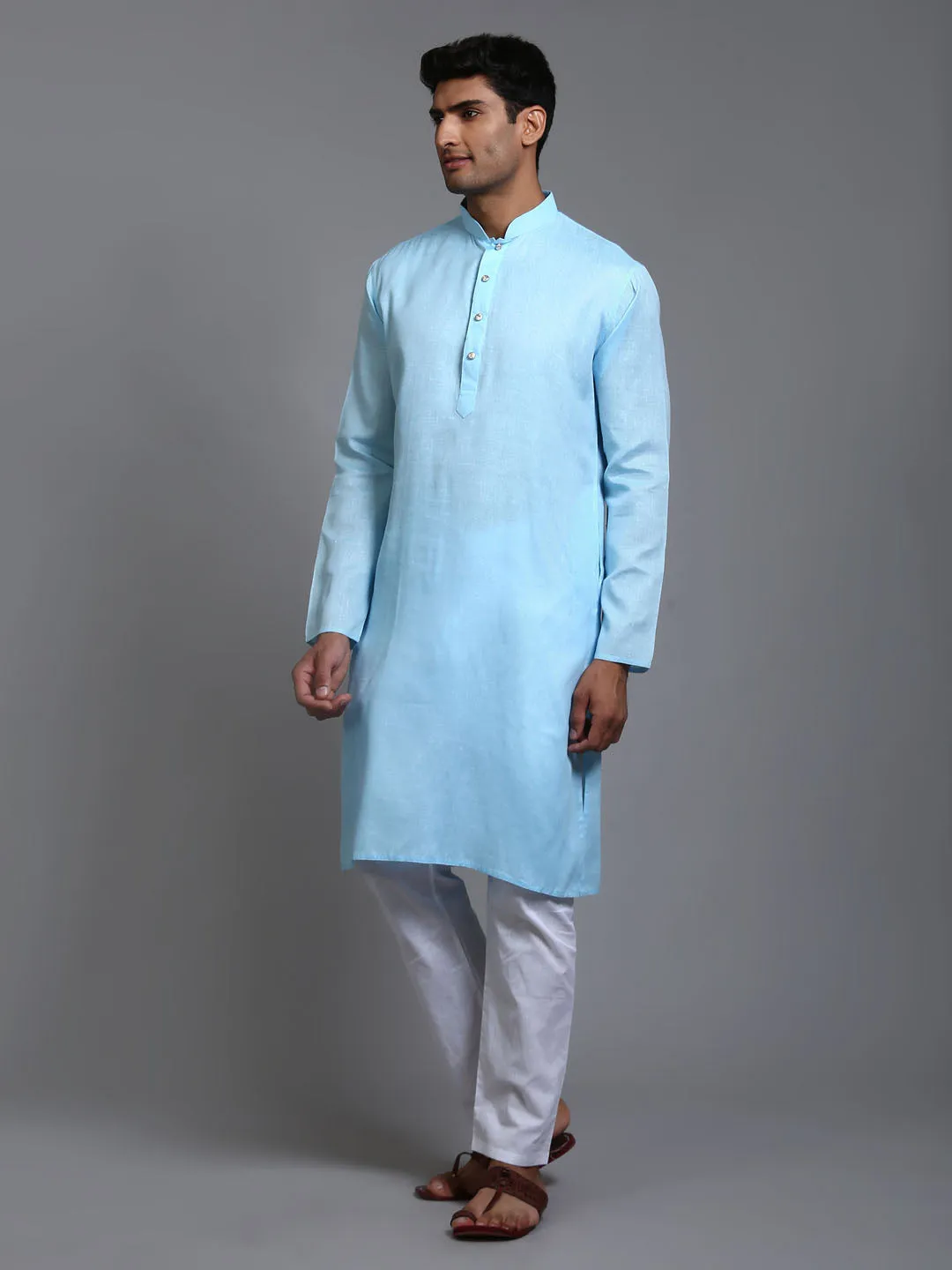 Jashvi Men's Aqua Blue Cotton Kurta Pyjama Set