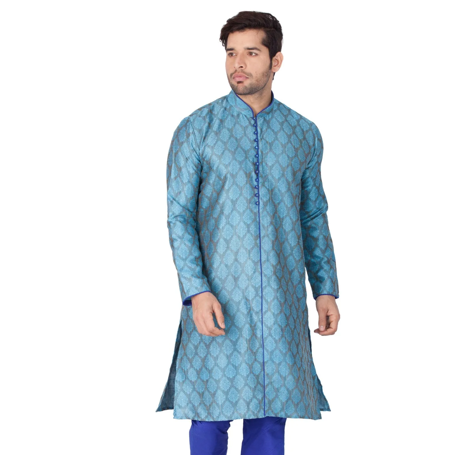 Jashvi Men's Aqua Blue Cotton Silk Blend Kurta