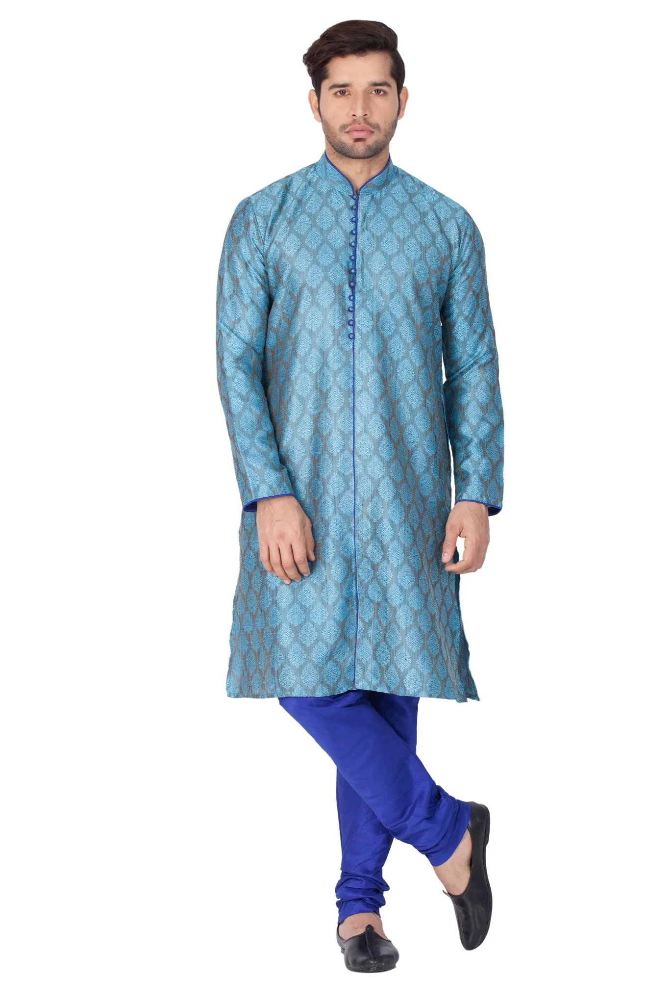 Jashvi Men's Aqua Blue Cotton Silk Blend Kurta