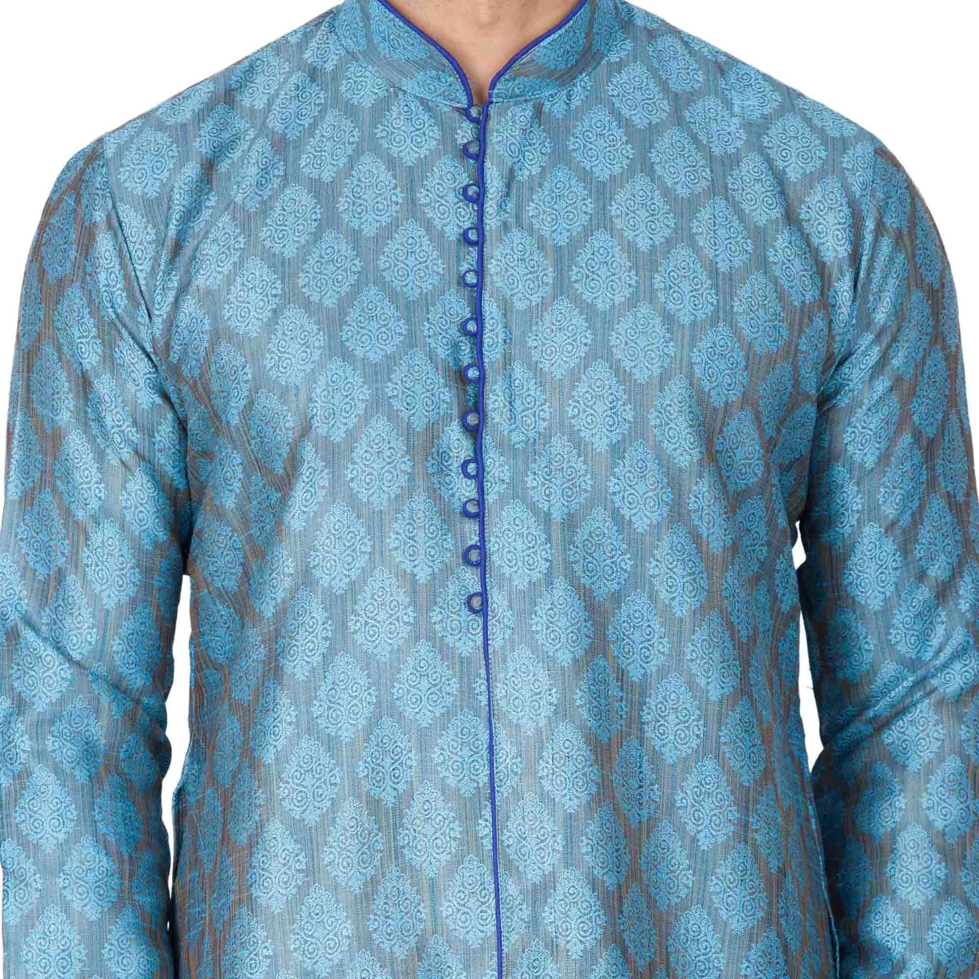 Jashvi Men's Aqua Blue Cotton Silk Blend Kurta