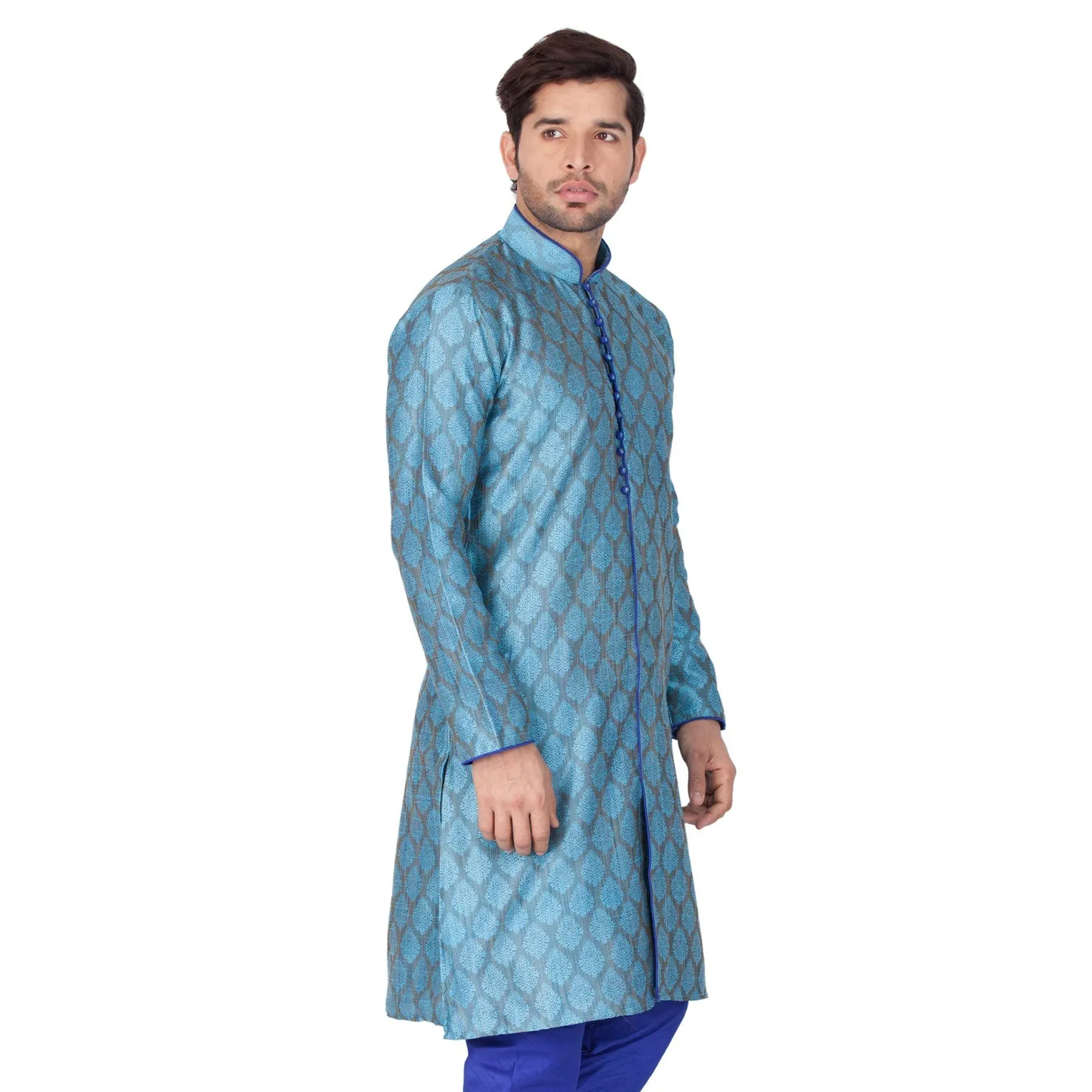 Jashvi Men's Aqua Blue Cotton Silk Blend Kurta