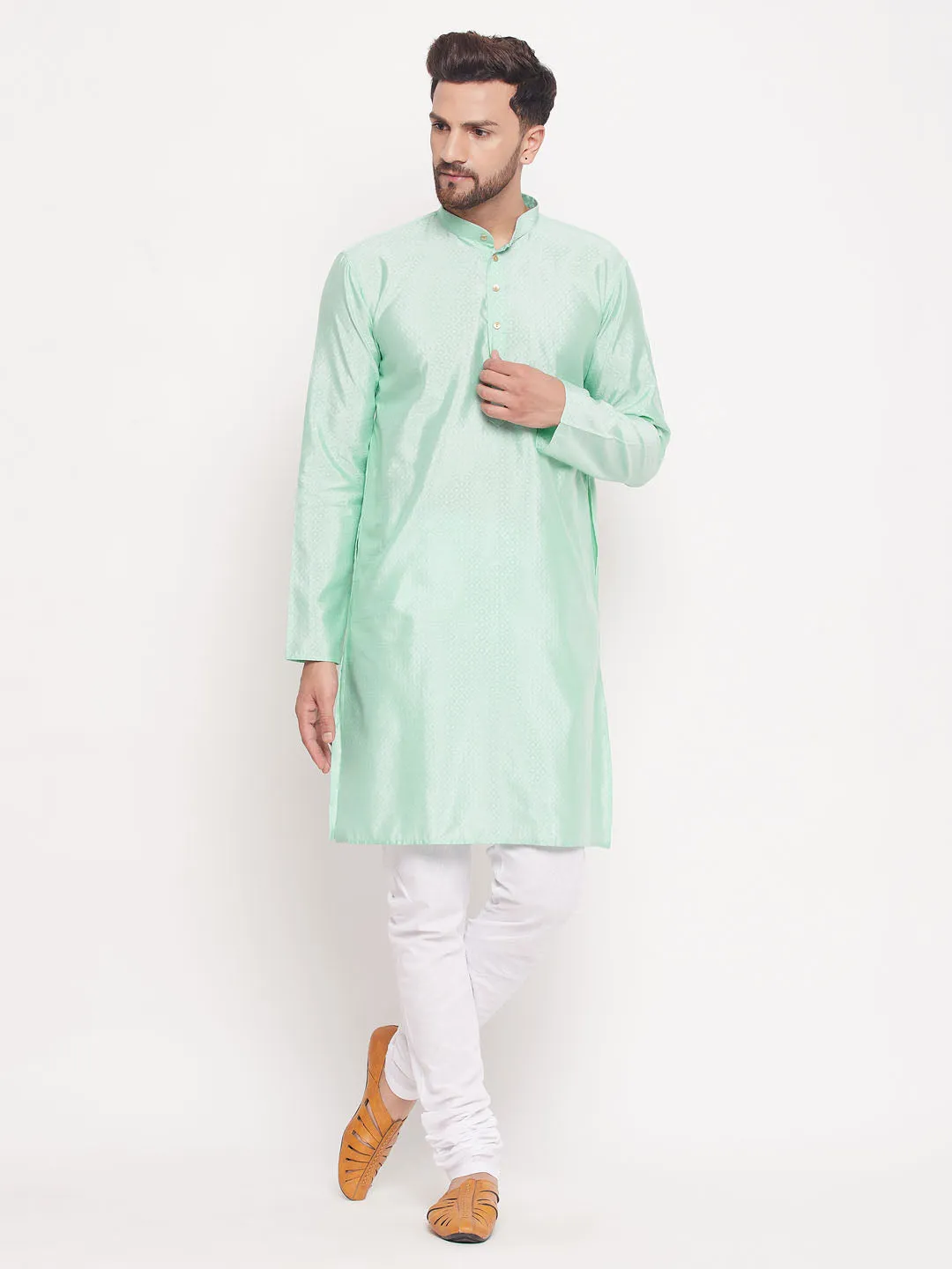 Jashvi Men's Aqua Blue Square Woven Design Silk Blend Kurta With White Pyjama Set