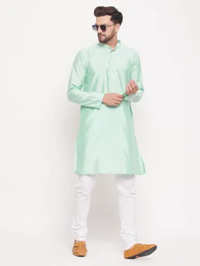 Jashvi Men's Aqua Blue Square Woven Design Silk Blend Kurta With White Pyjama Set