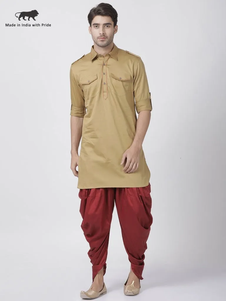 Jashvi Men's Beige Cotton Blend Pathani Suit Set