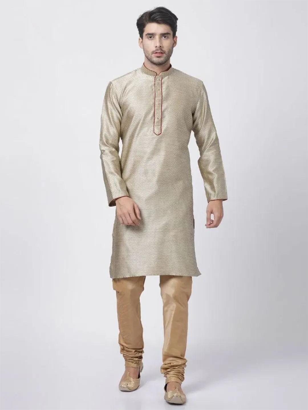 Jashvi Men's Beige Cotton Silk Blend Kurta and Pyjama Set