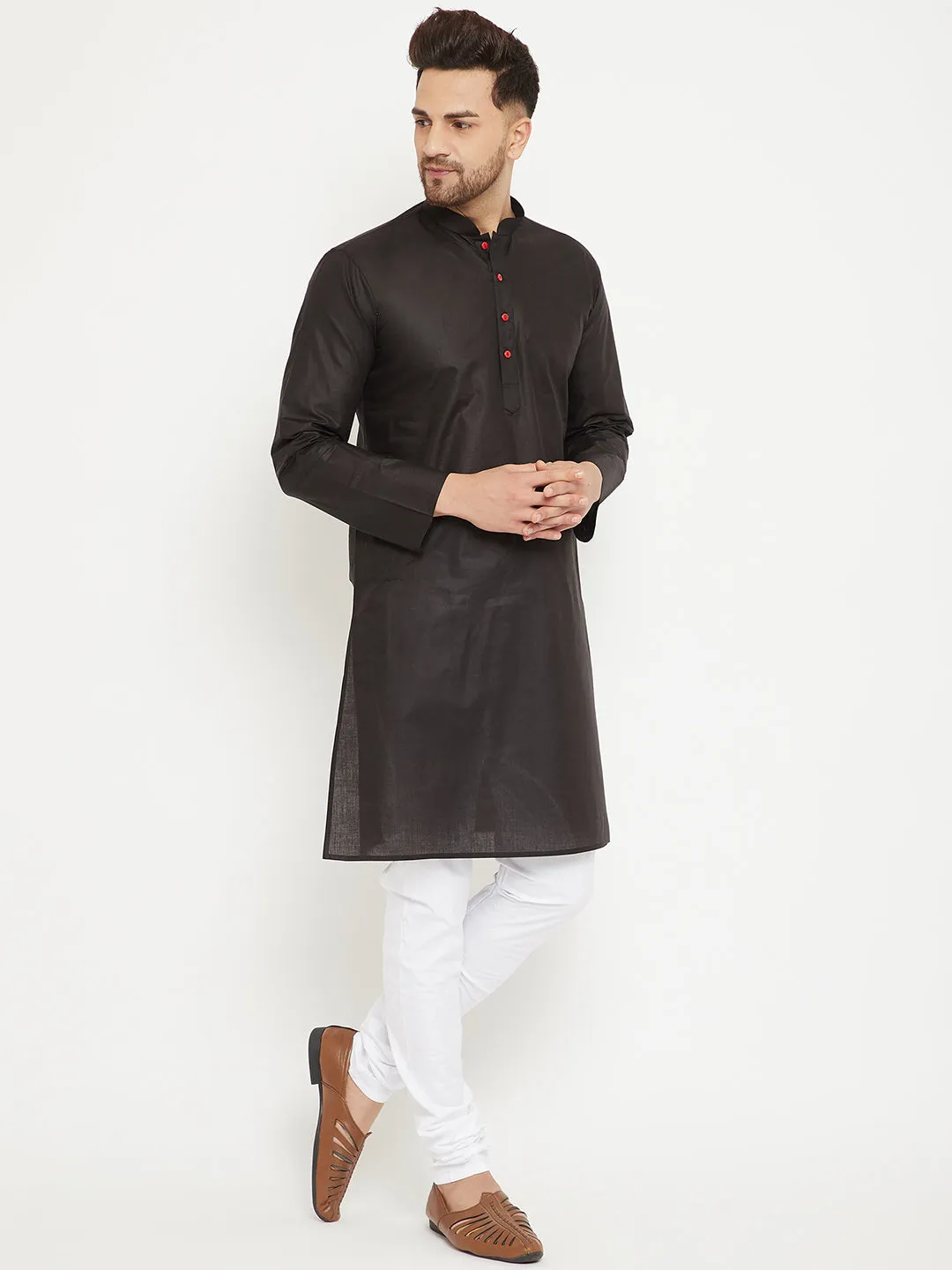 Jashvi Men's Black And White Cotton Kurta Churidar Set