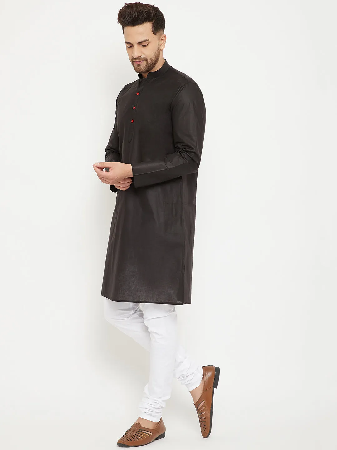 Jashvi Men's Black And White Cotton Kurta Churidar Set