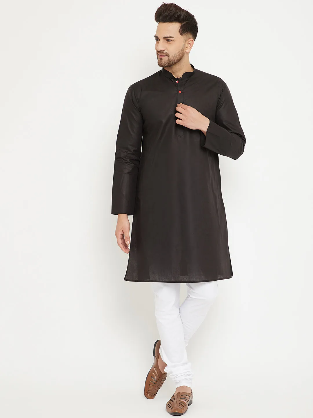 Jashvi Men's Black And White Cotton Kurta Churidar Set