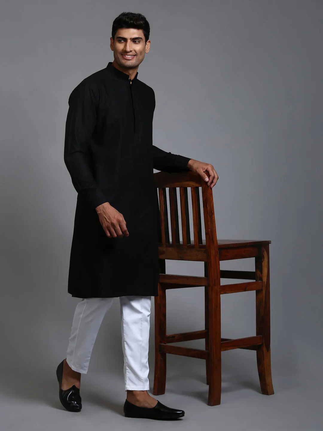 Jashvi Men's Black Cotton Blend Kurta and White Pant Set