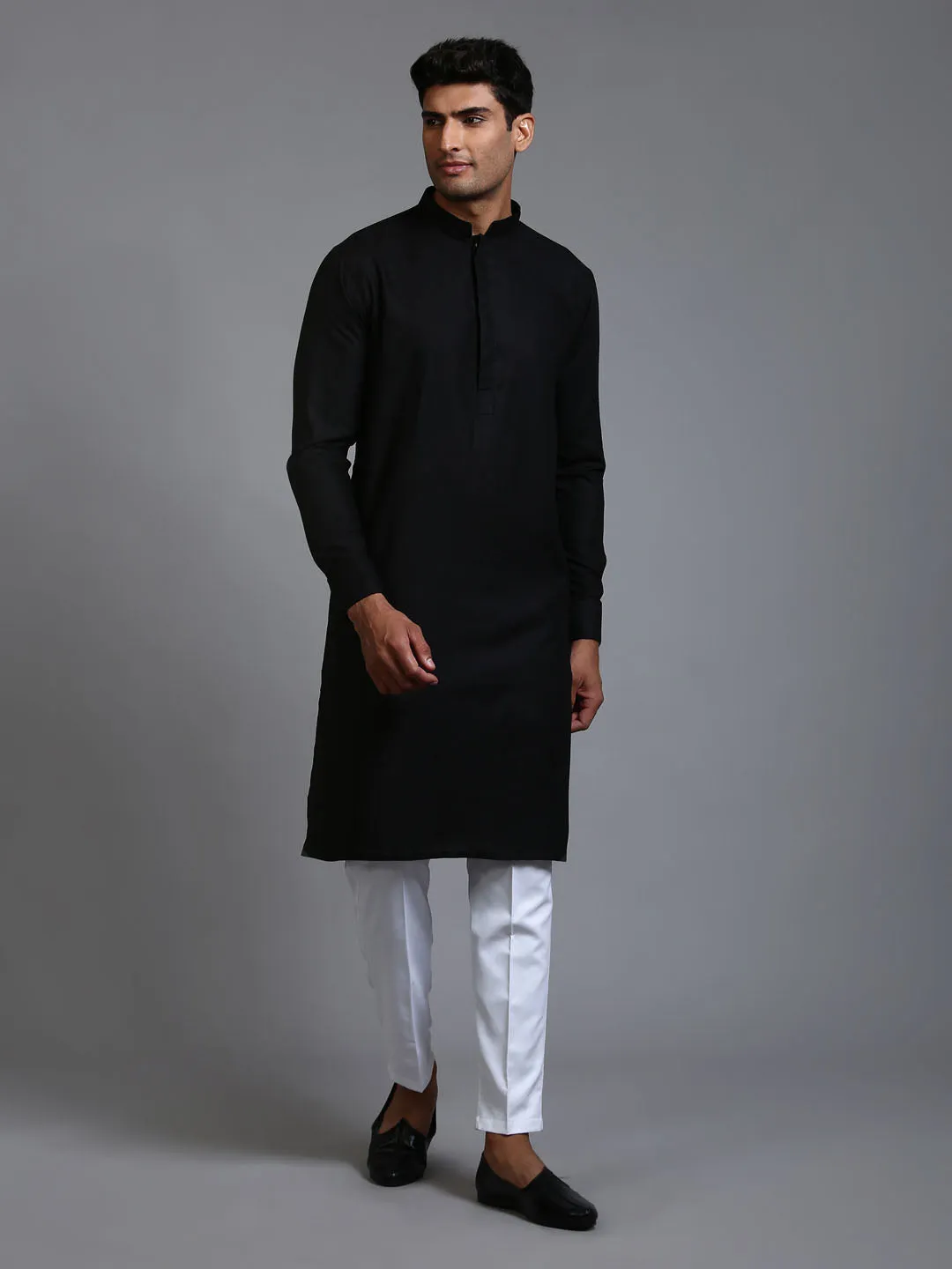 Jashvi Men's Black Cotton Blend Kurta and White Pant Set