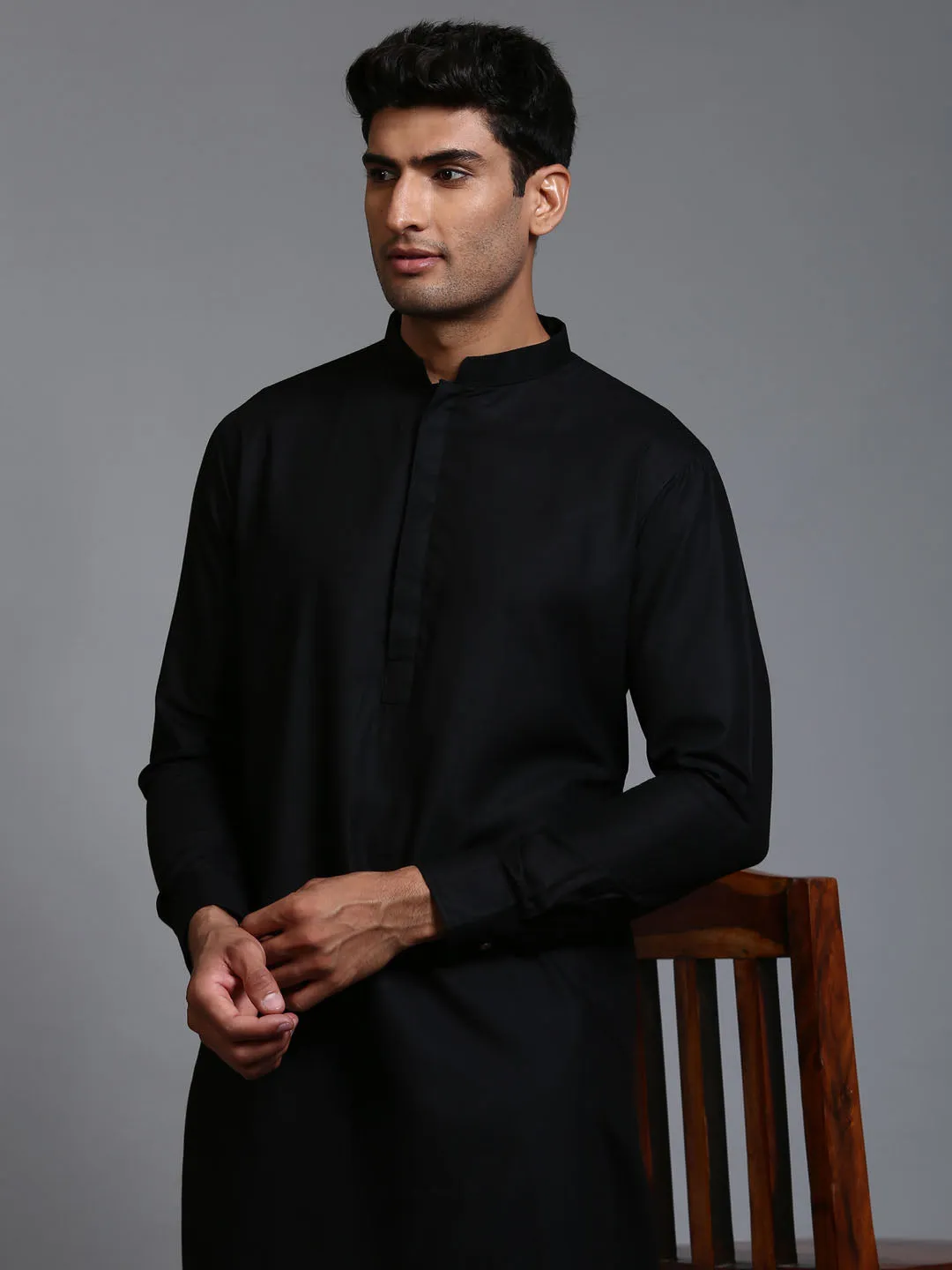 Jashvi Men's Black Cotton Blend Kurta and White Pant Set