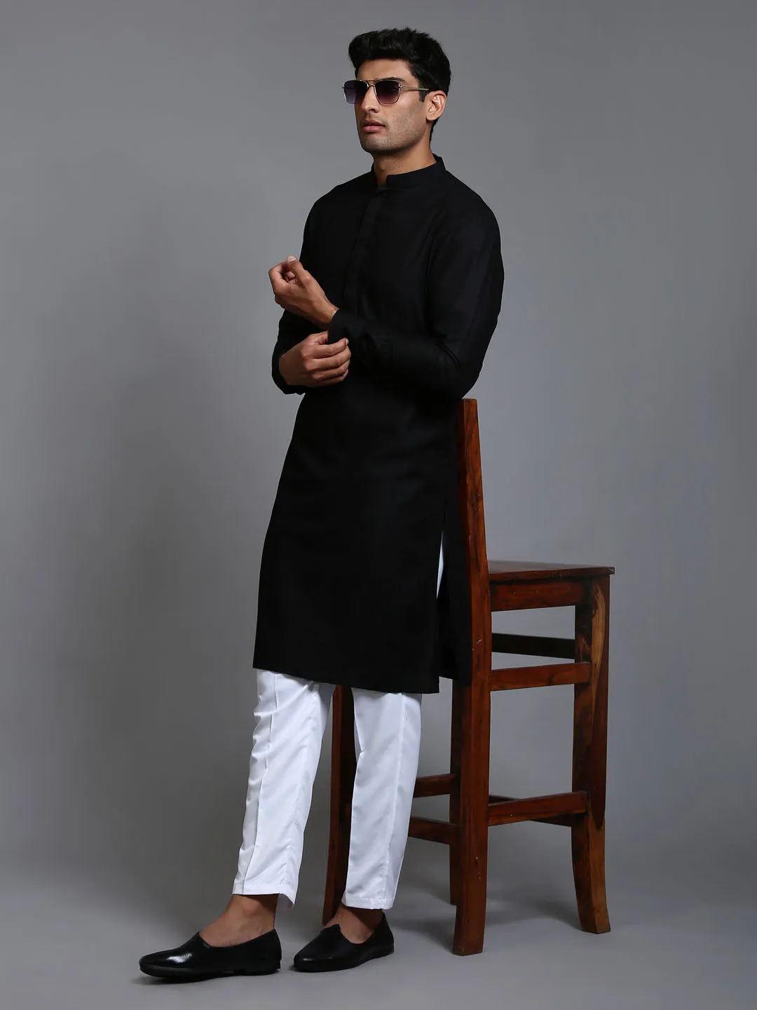 Jashvi Men's Black Cotton Blend Kurta and White Pant Set