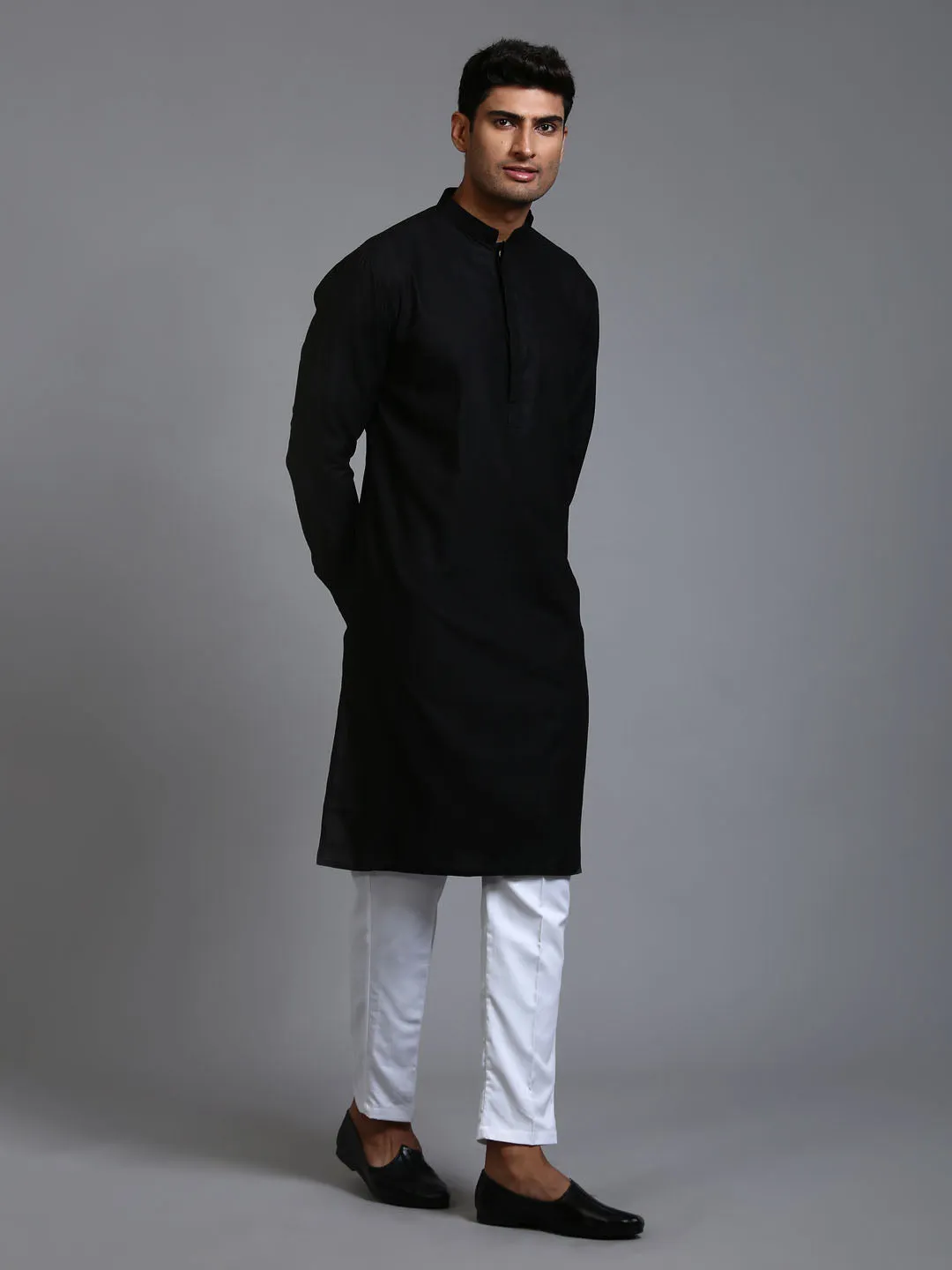 Jashvi Men's Black Cotton Blend Kurta and White Pant Set