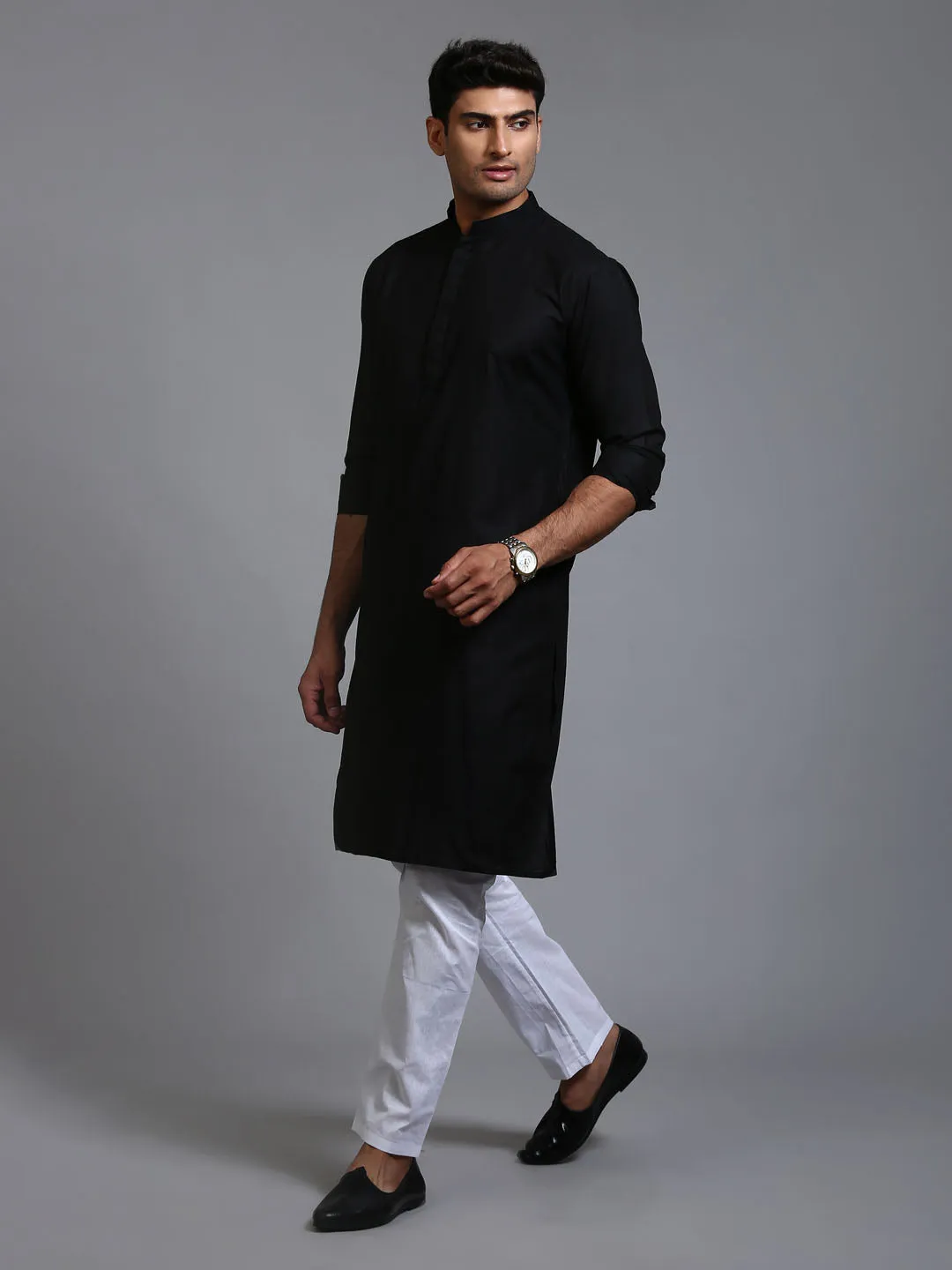 Jashvi Men's Black Cotton Blend Kurta Pyjama Set