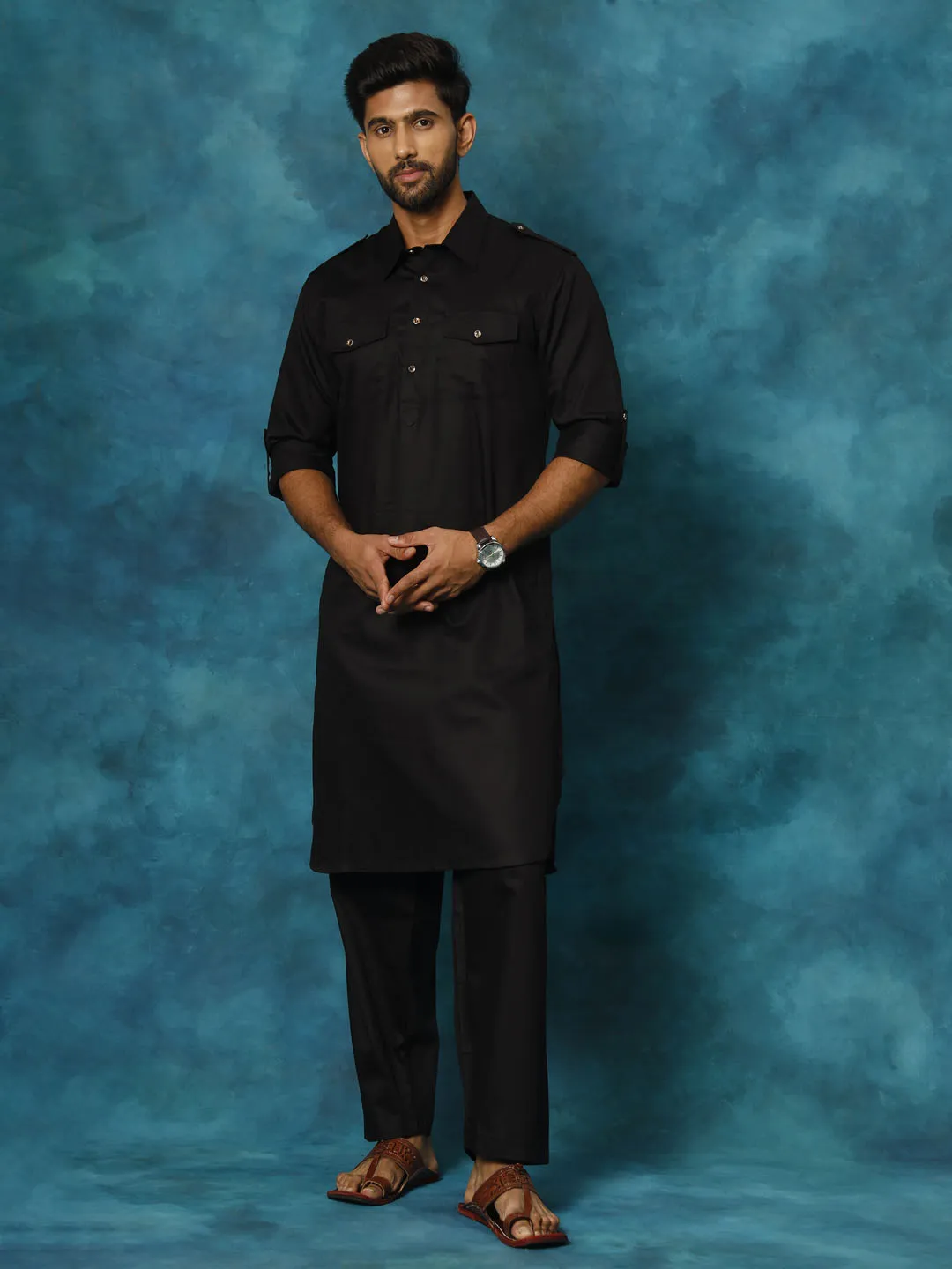 Jashvi Men's Black Cotton Pathani Suit Set