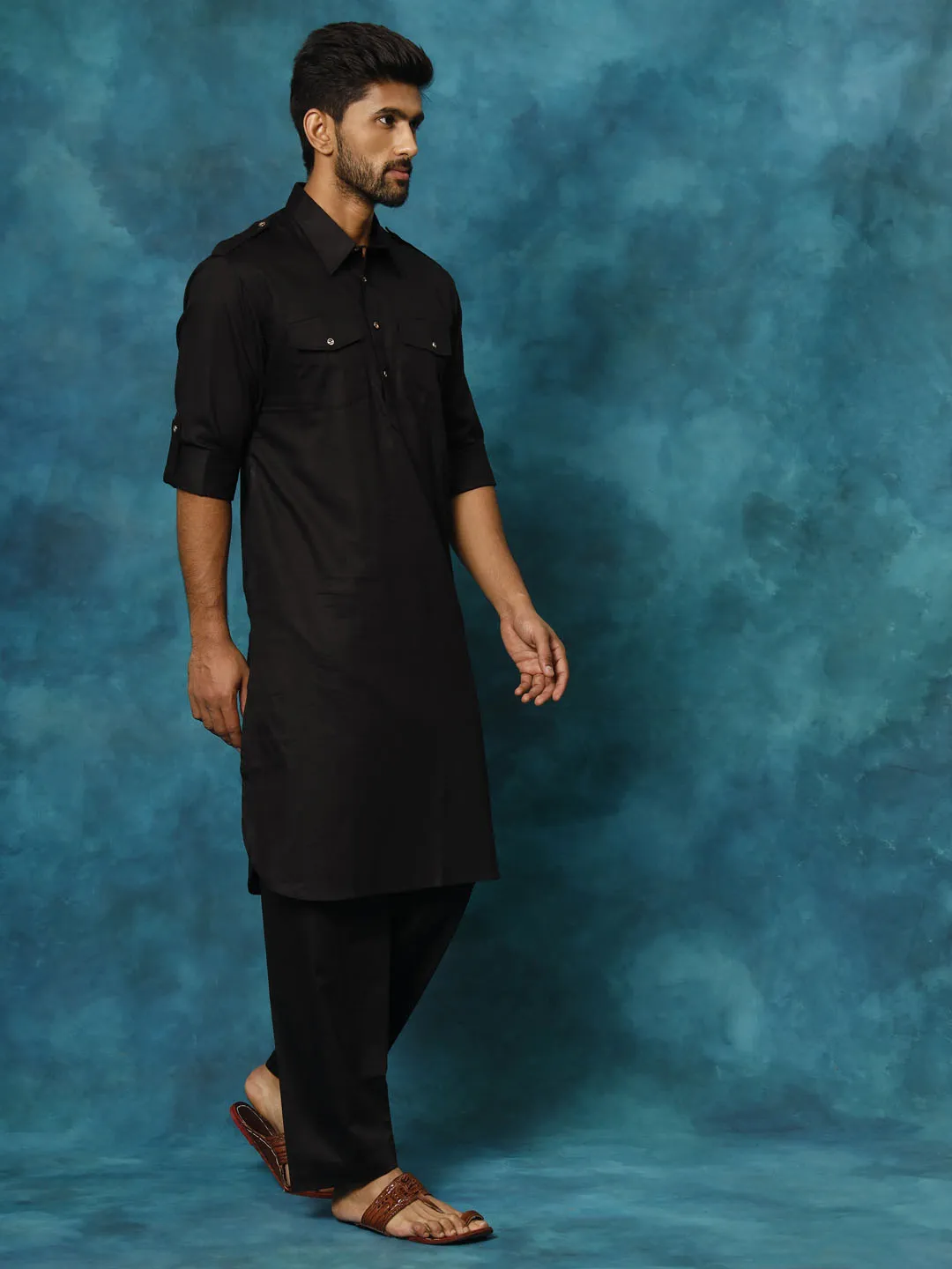 Jashvi Men's Black Cotton Pathani Suit Set