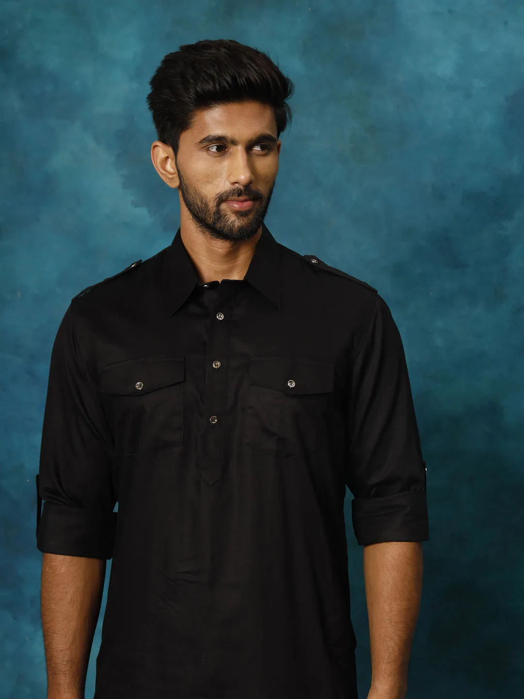 Jashvi Men's Black Cotton Pathani Suit Set