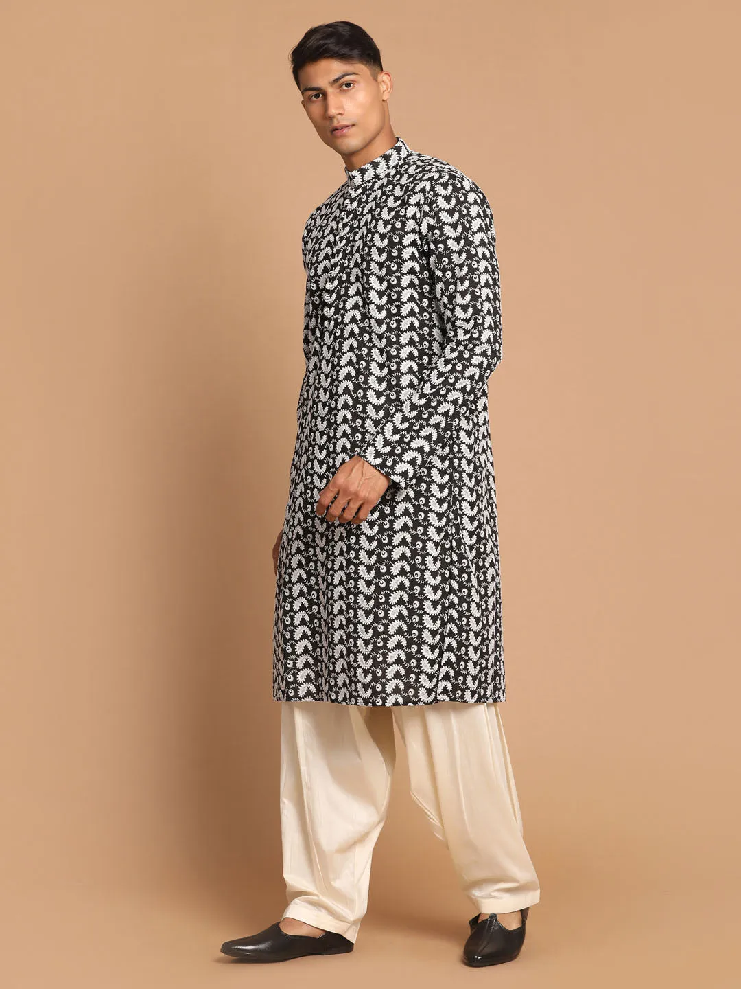 Jashvi Men's Black Pure Cotton Chikankari Kurta With Patiala set