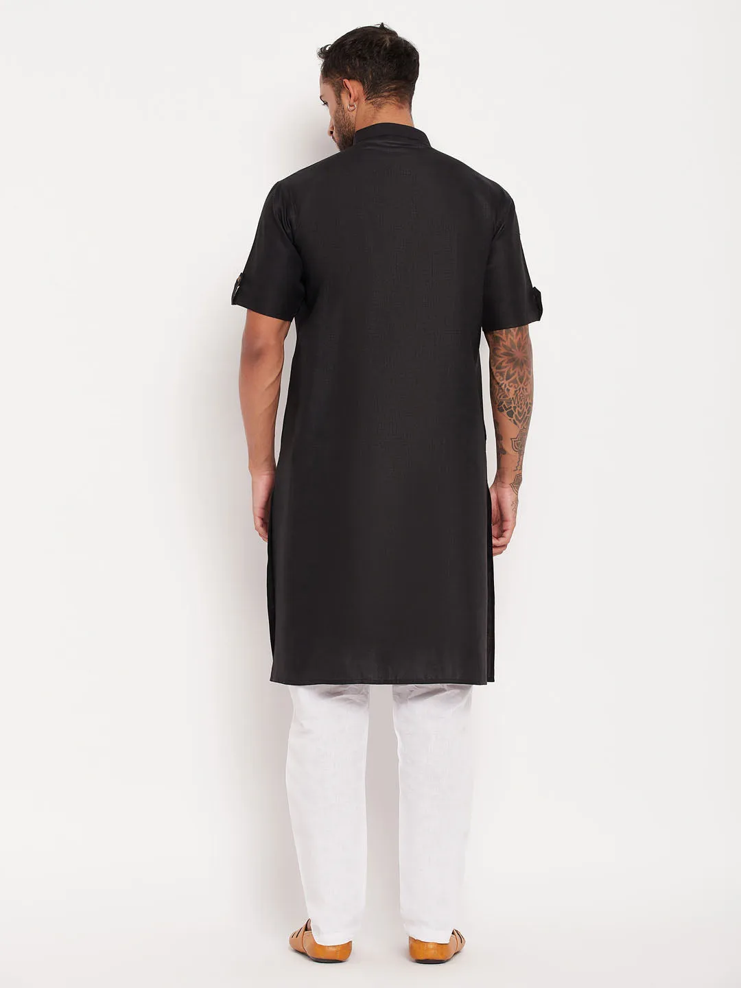 Jashvi Men's Black Solid Kurta with White Pyjama Set