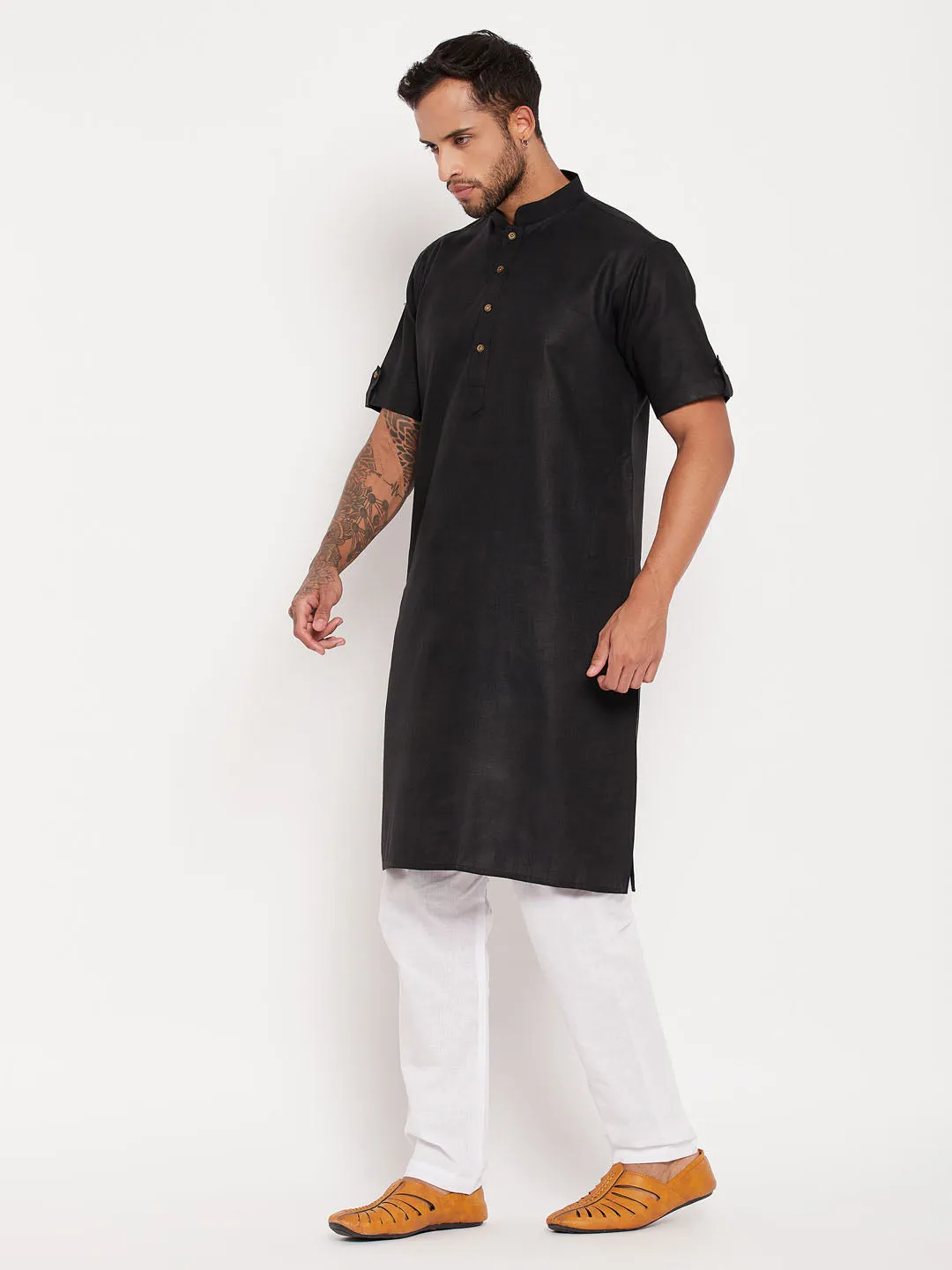 Jashvi Men's Black Solid Kurta with White Pyjama Set