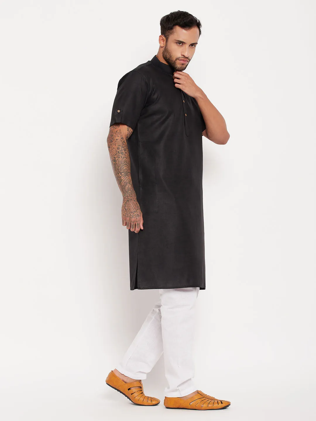 Jashvi Men's Black Solid Kurta with White Pyjama Set