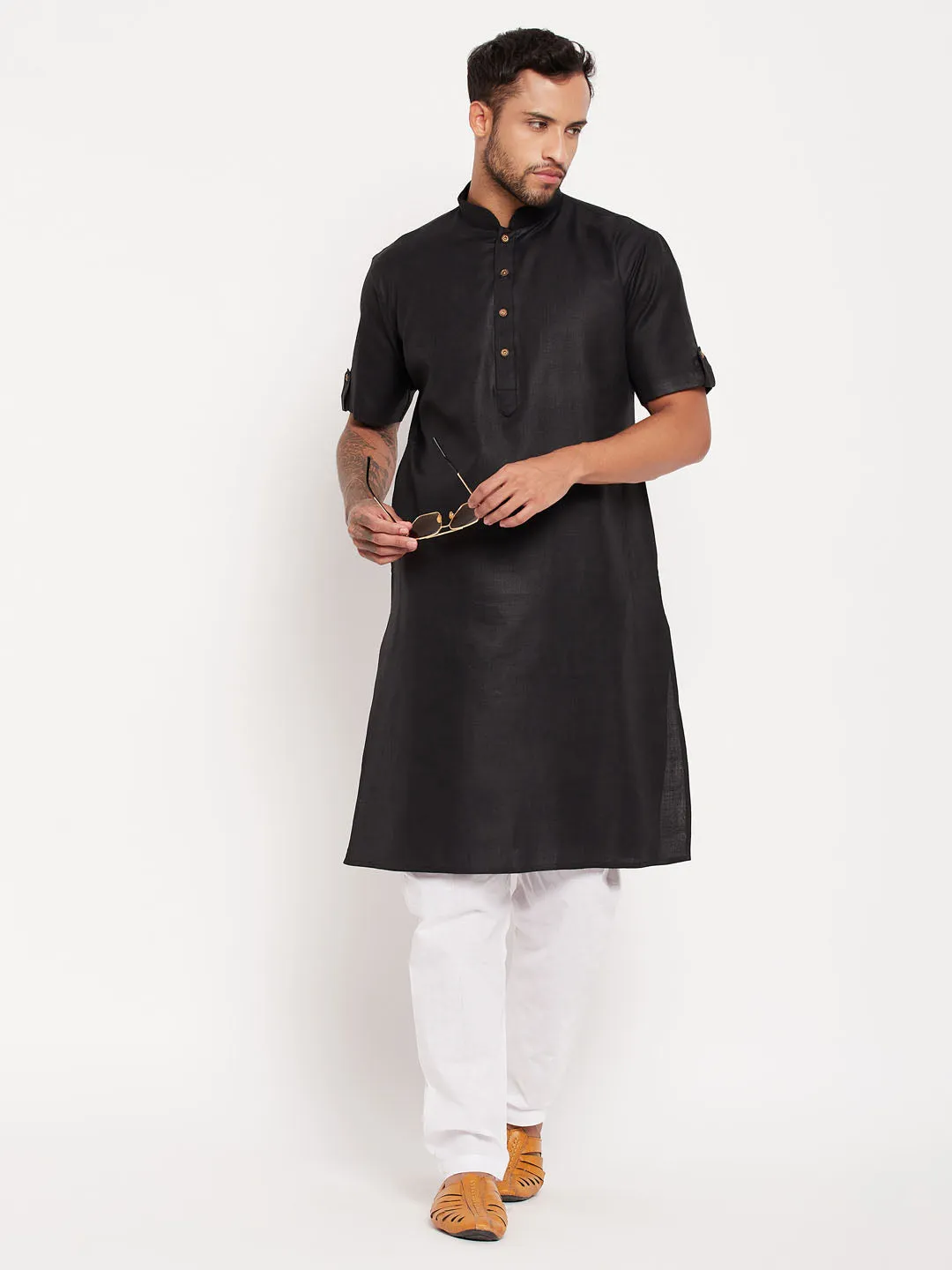 Jashvi Men's Black Solid Kurta with White Pyjama Set