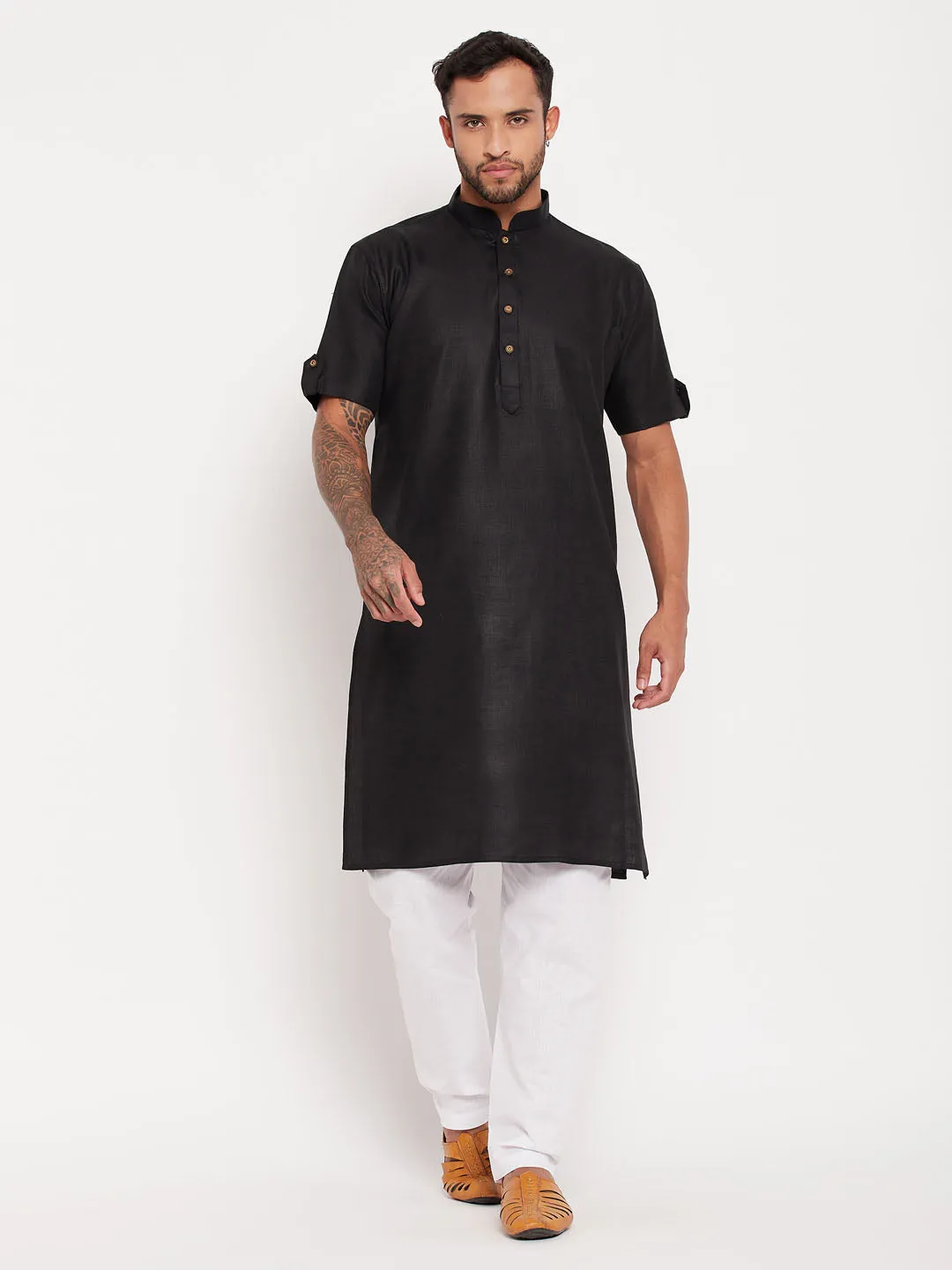 Jashvi Men's Black Solid Kurta with White Pyjama Set