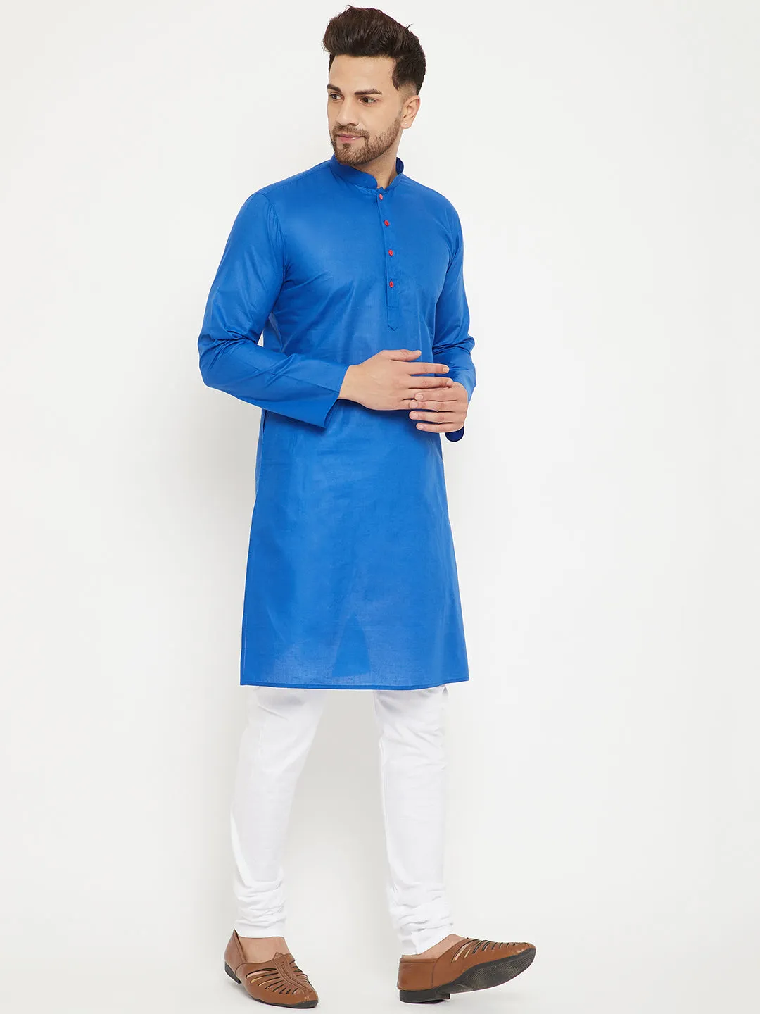 Jashvi Men's Blue And White Cotton Kurta Churidar Set