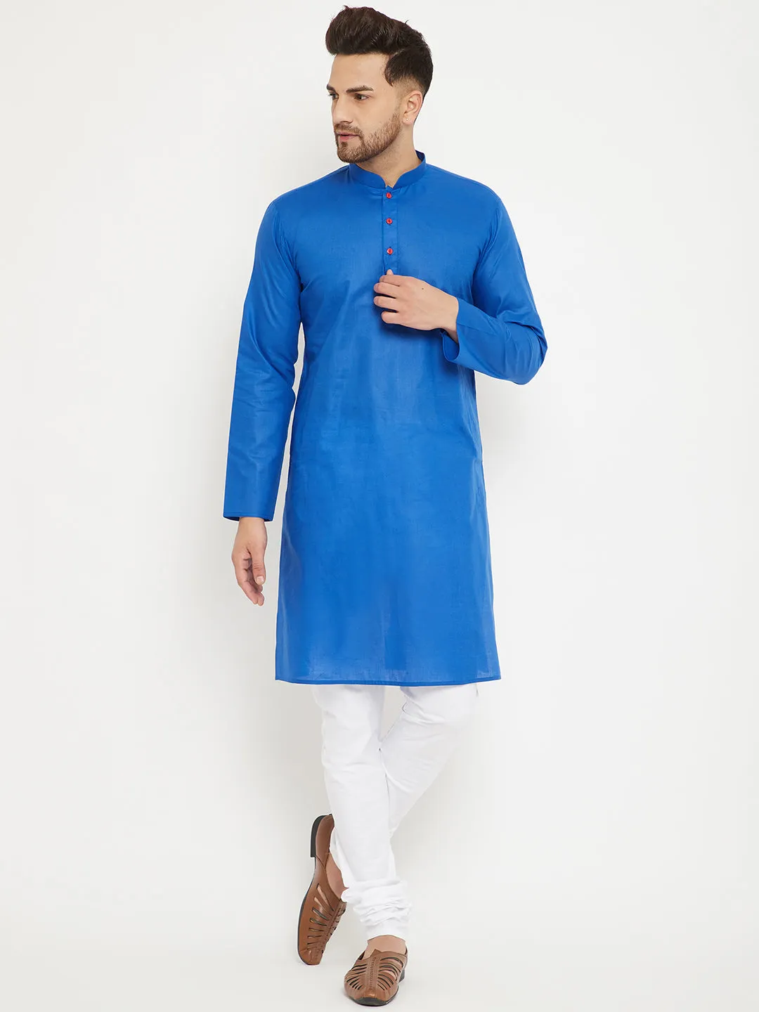 Jashvi Men's Blue And White Cotton Kurta Churidar Set