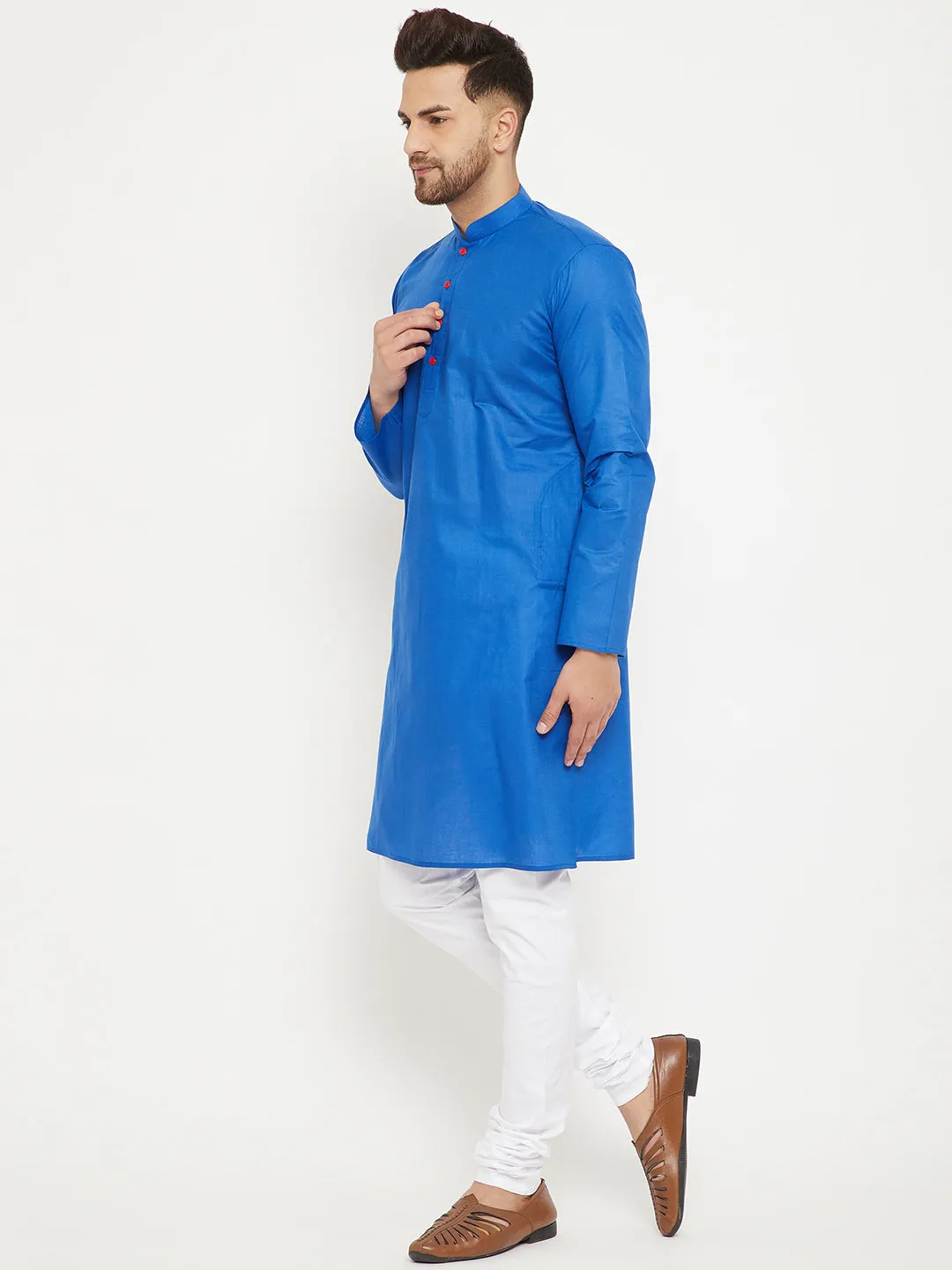 Jashvi Men's Blue And White Cotton Kurta Churidar Set