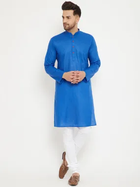 Jashvi Men's Blue And White Cotton Kurta Churidar Set