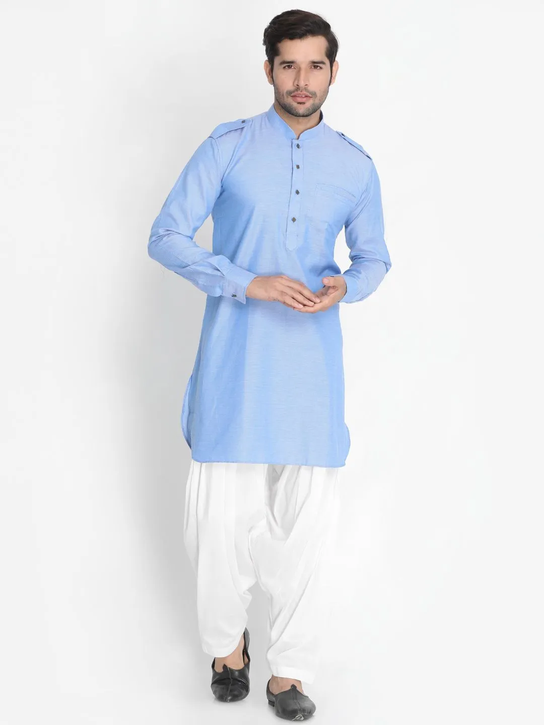 Jashvi Men's Blue Cotton Blend Kurta and Patiala Set