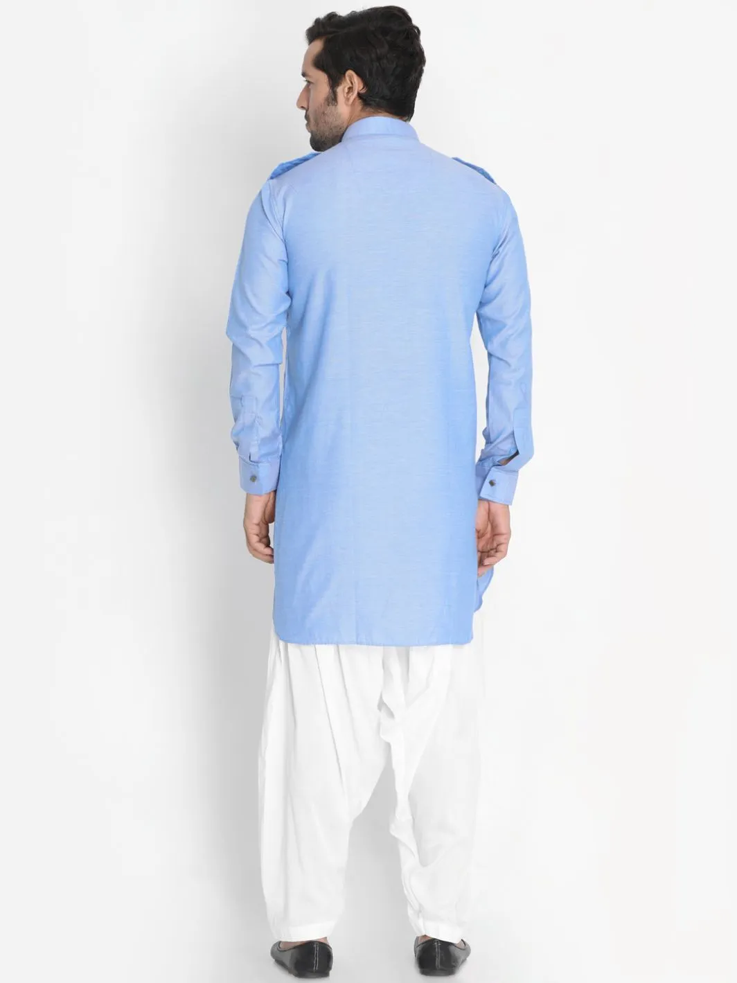 Jashvi Men's Blue Cotton Blend Kurta and Patiala Set