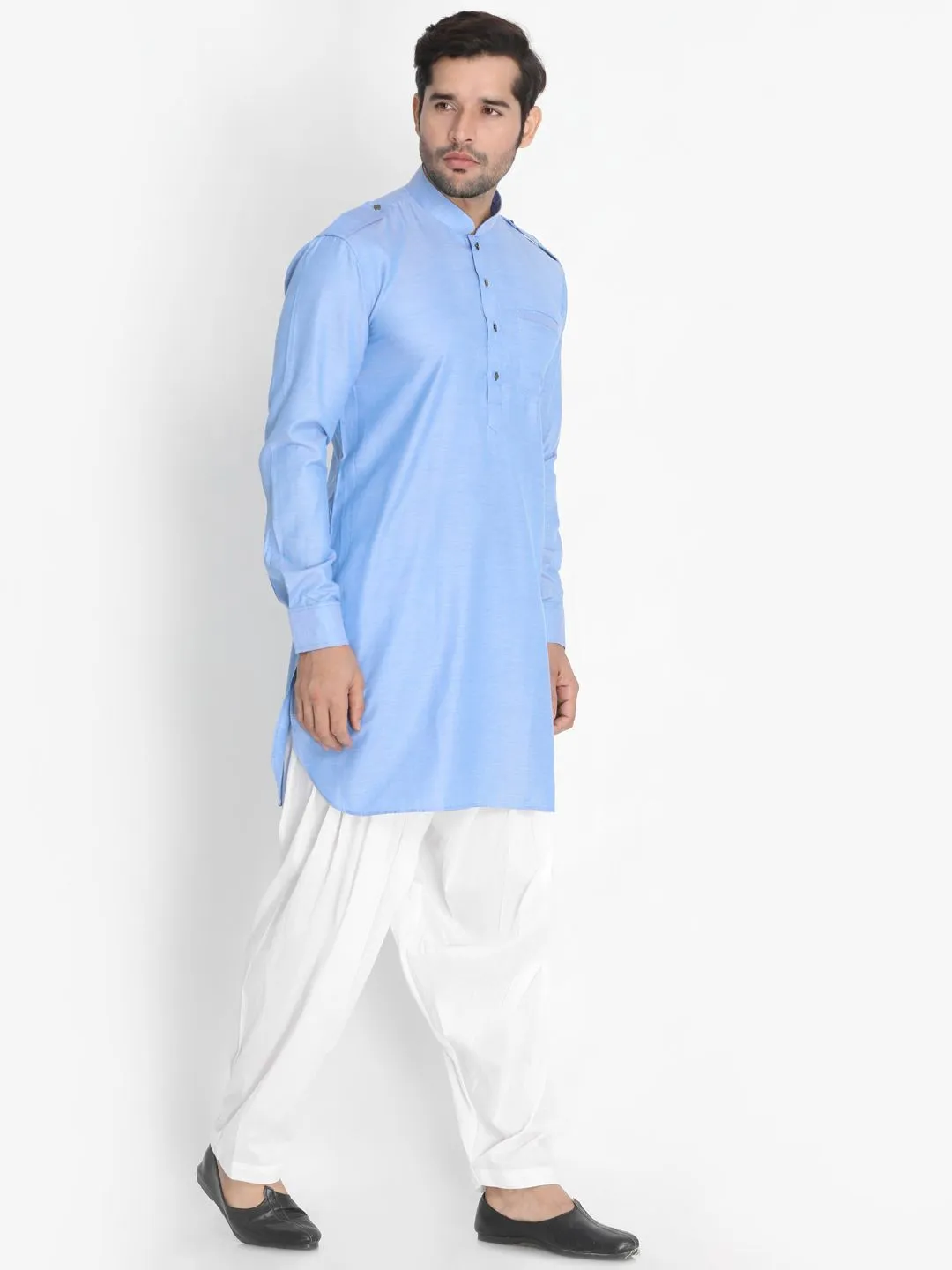 Jashvi Men's Blue Cotton Blend Kurta and Patiala Set