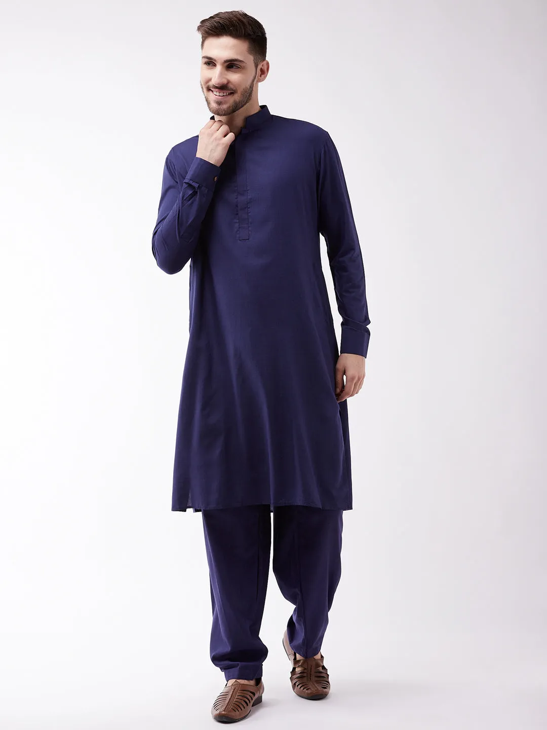 Jashvi Men's Blue Cotton Blend Kurta and Pyjama Set