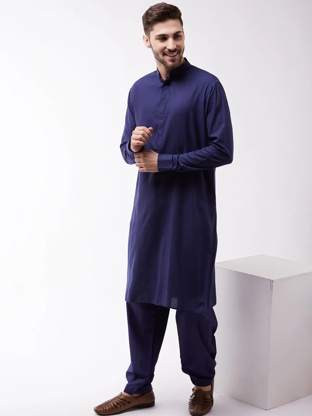 Jashvi Men's Blue Cotton Blend Kurta and Pyjama Set