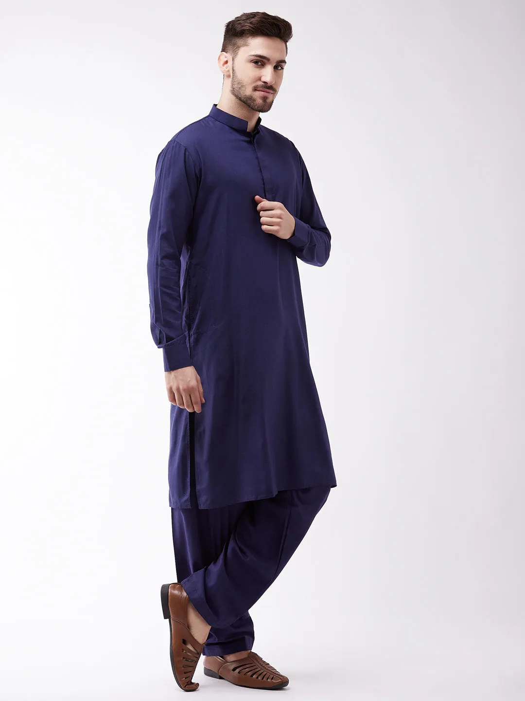 Jashvi Men's Blue Cotton Blend Kurta and Pyjama Set