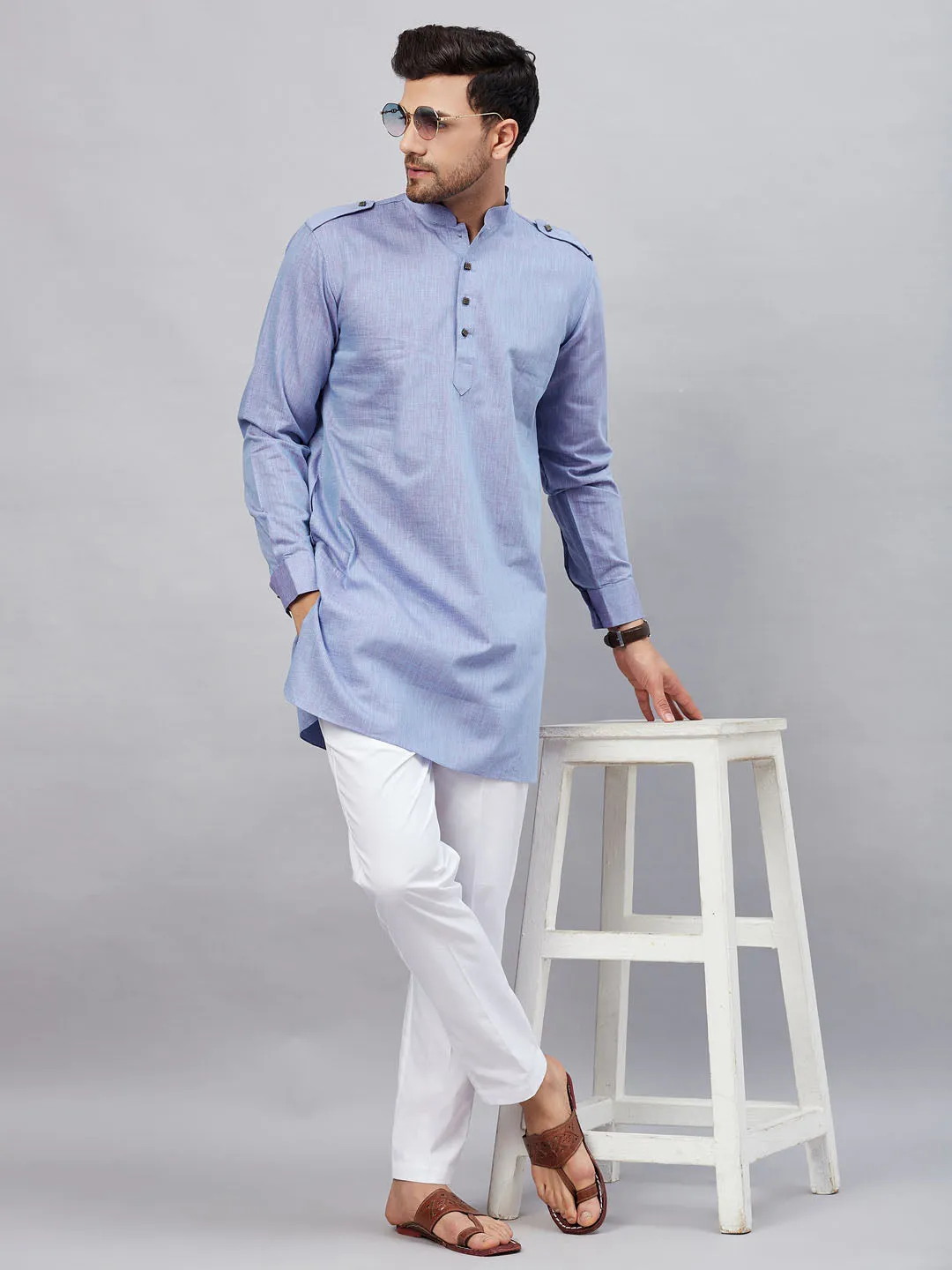 Jashvi Men's Blue Cotton Blend Kurta and White Pant Set