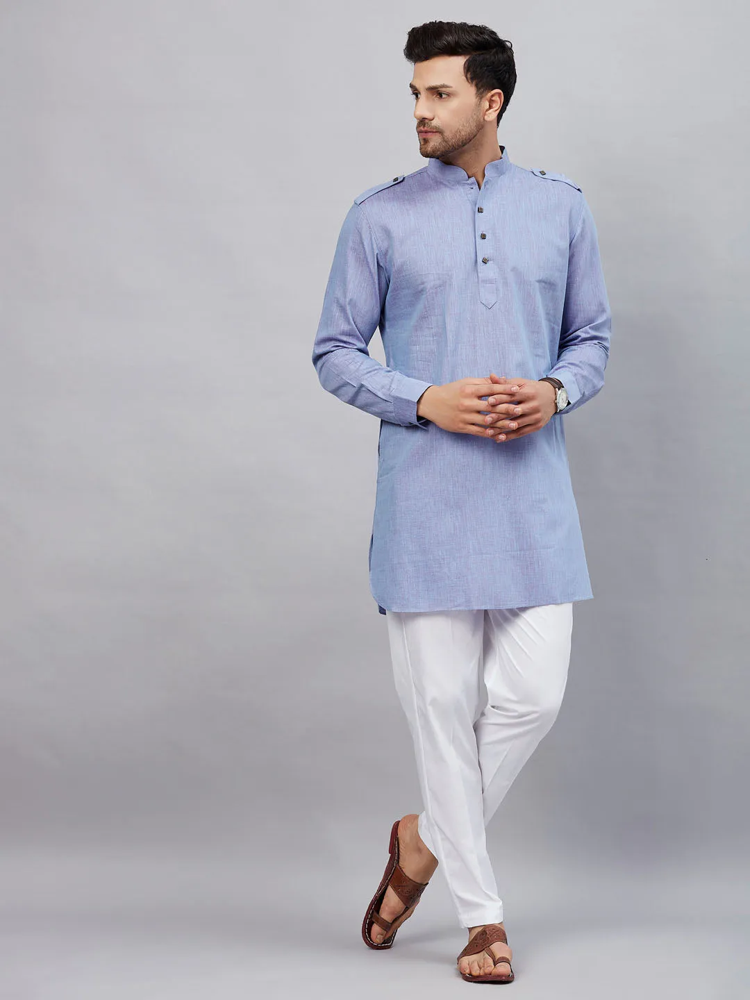 Jashvi Men's Blue Cotton Blend Kurta and White Pant Set