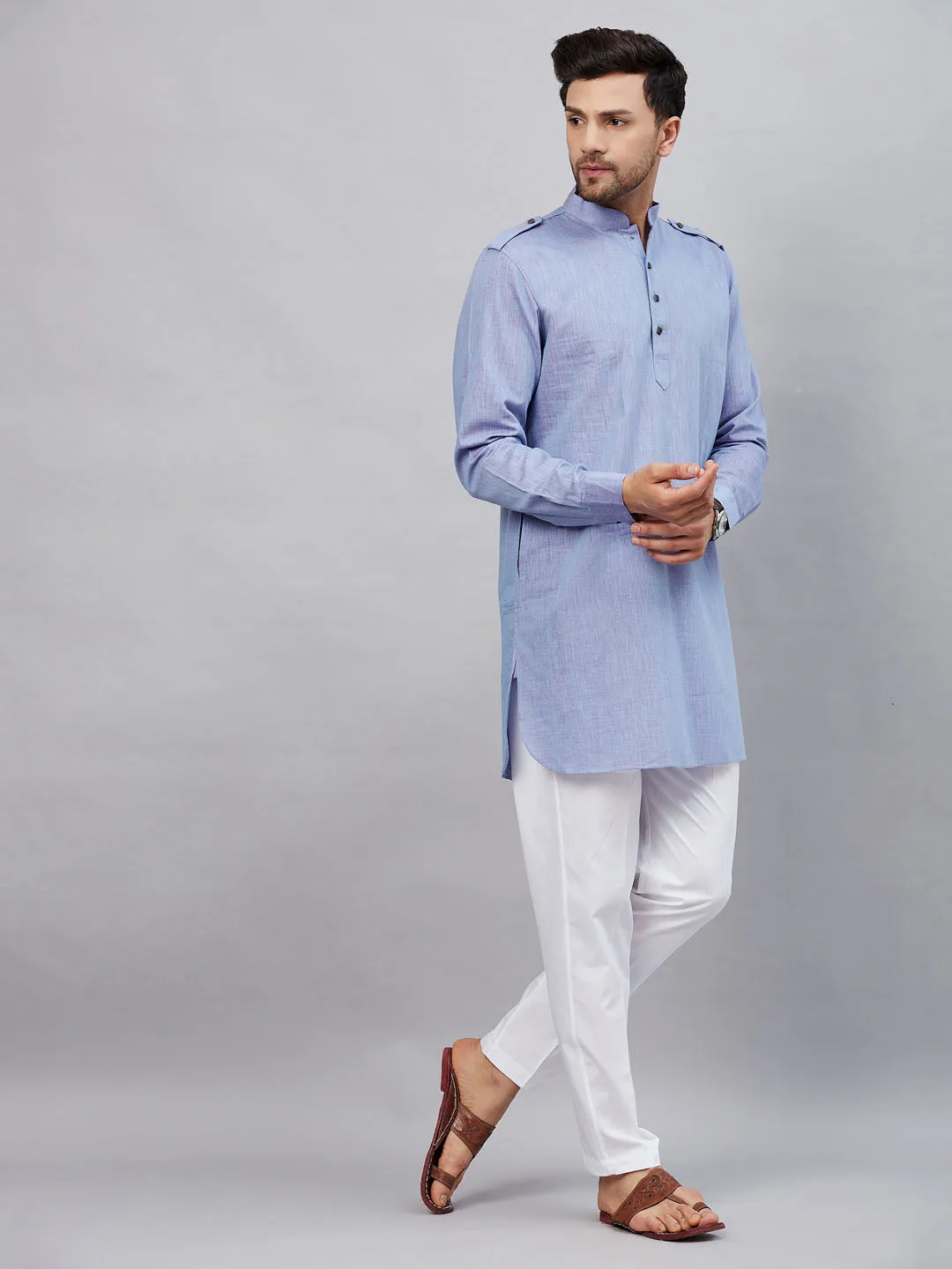 Jashvi Men's Blue Cotton Blend Kurta and White Pant Set