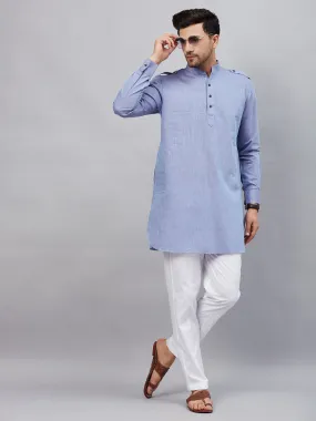 Jashvi Men's Blue Cotton Blend Kurta and White Pant Set