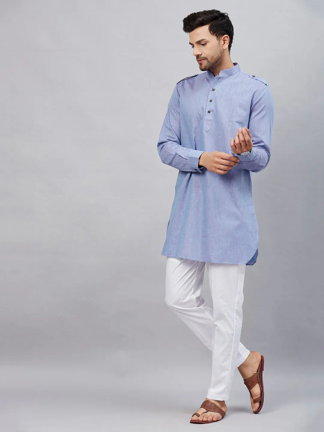 Jashvi Men's Blue Cotton Blend Kurta and White Pant Set