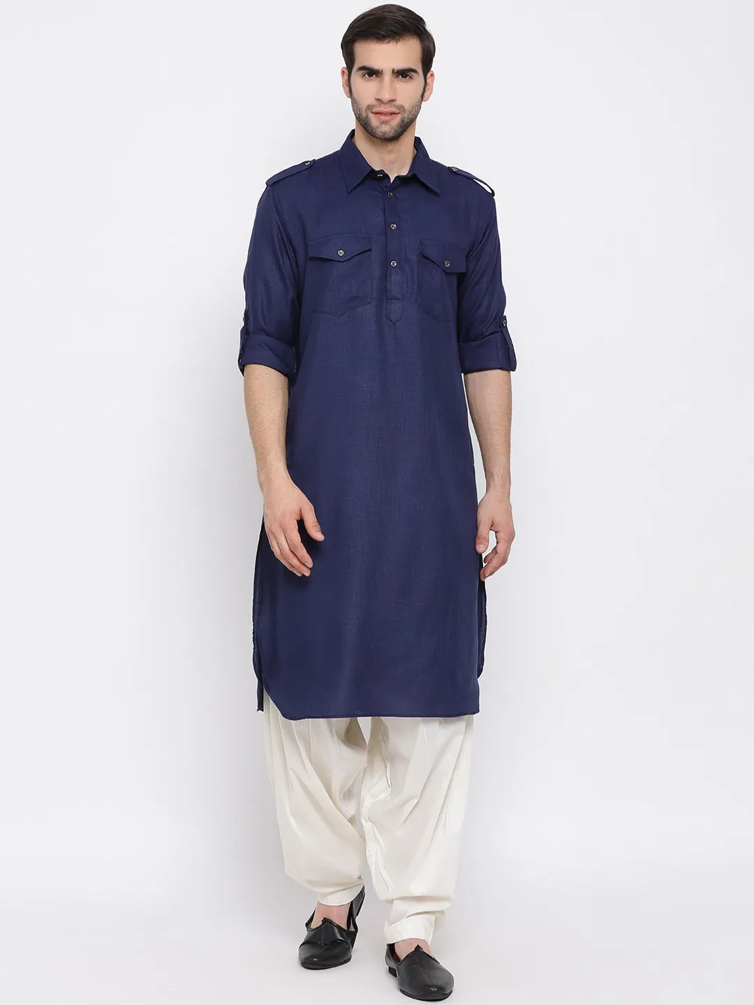 Jashvi Men's Blue Cotton Blend Pathani Suit Set