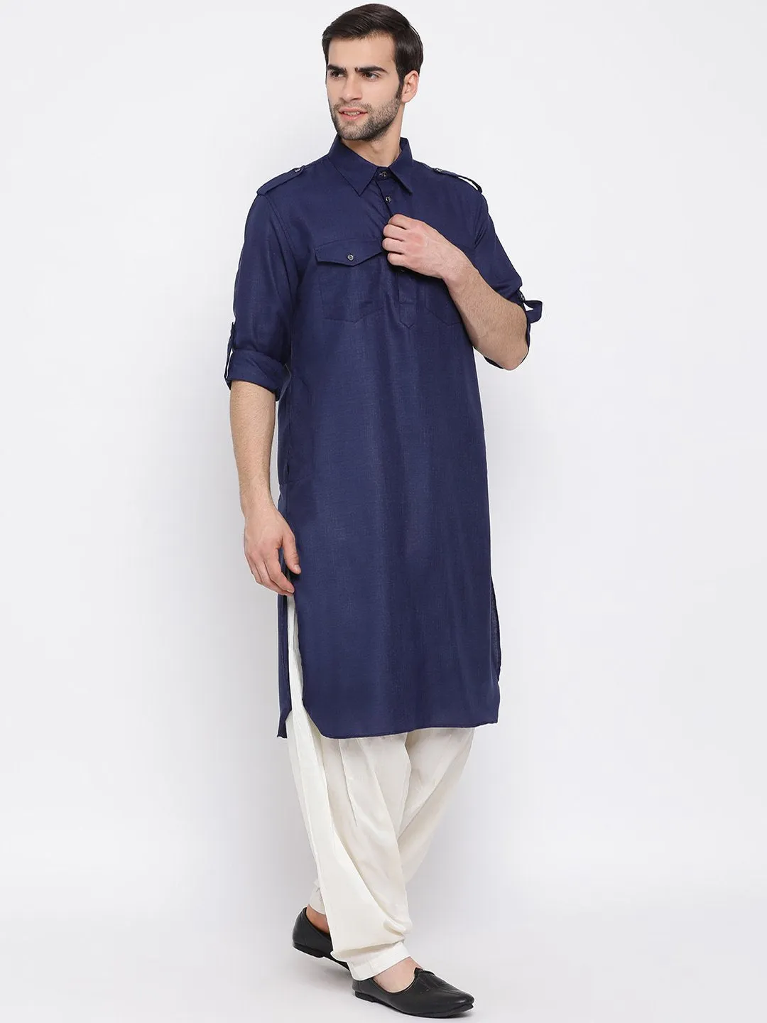 Jashvi Men's Blue Cotton Blend Pathani Suit Set