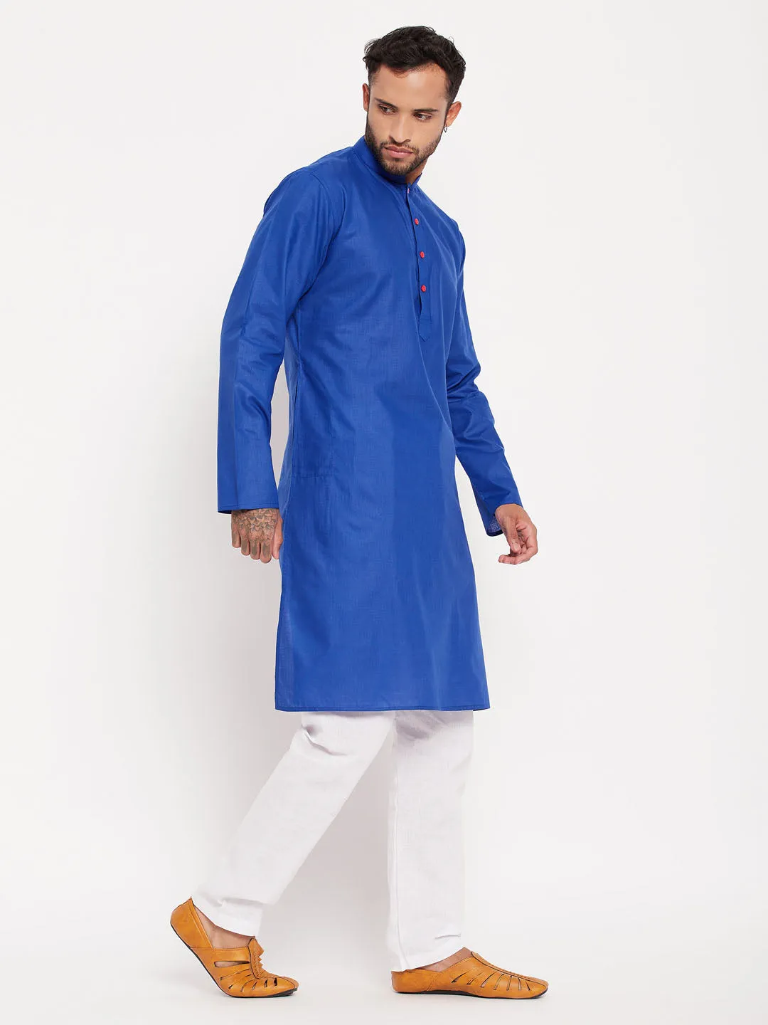 Jashvi Men's Blue Cotton Kurta And White Pyjama Set